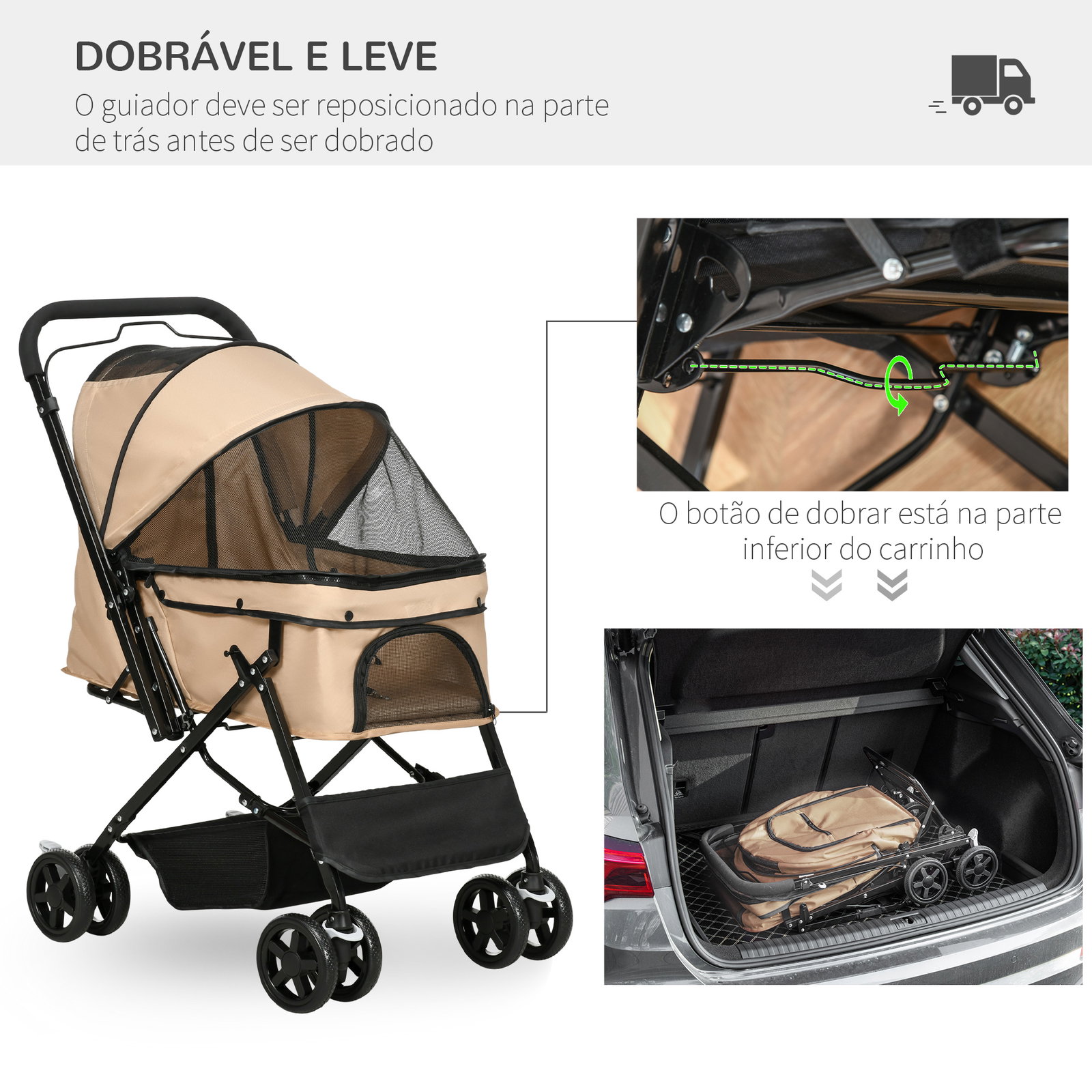 Carrinho para animais de estimação dobrável com cesta de armazenamento cinto de segurança 76,5x52x95 cm marrom claro