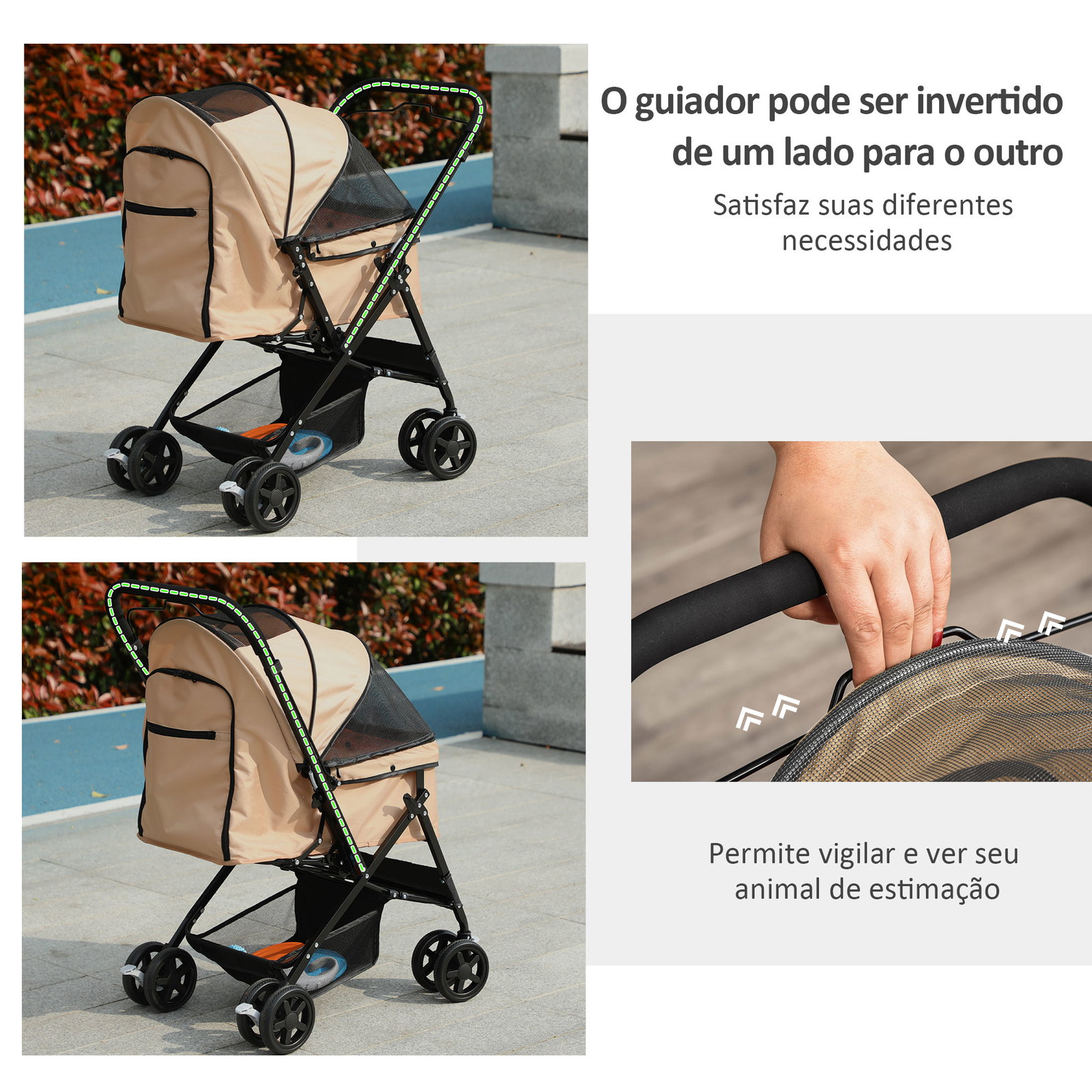 Carrinho para animais de estimação dobrável com cesta de armazenamento cinto de segurança 76,5x52x95 cm marrom claro