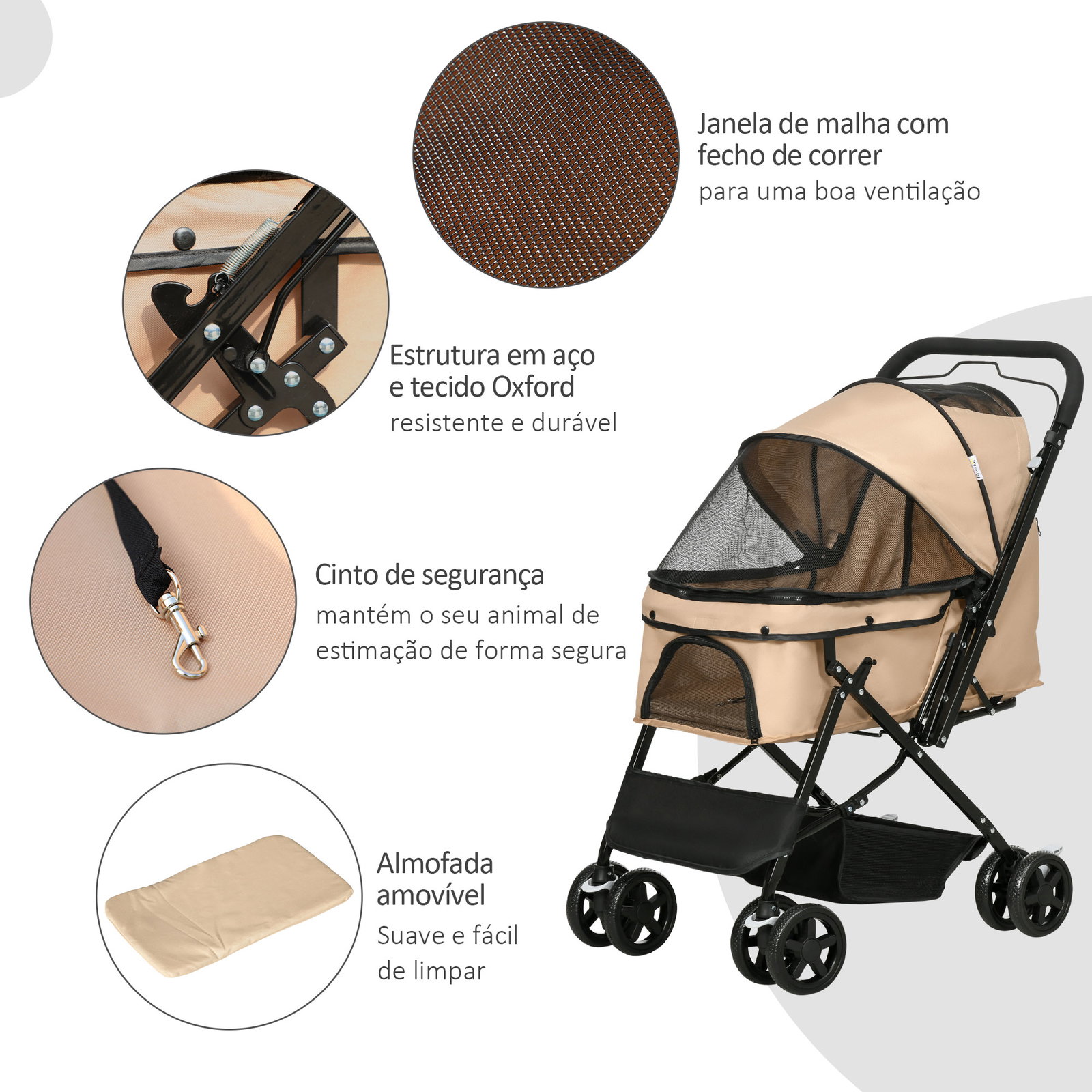 Carrinho para animais de estimação dobrável com cesta de armazenamento cinto de segurança 76,5x52x95 cm marrom claro