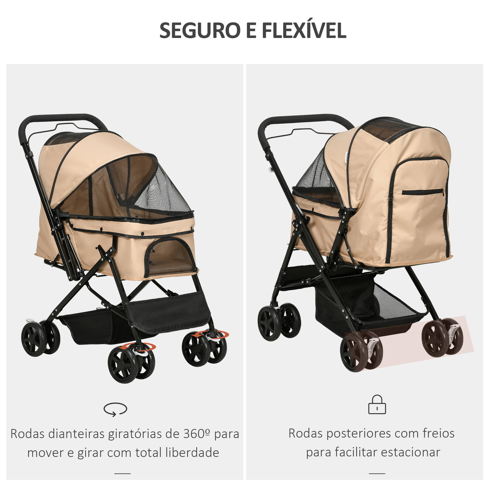 Carrinho para animais de estimação dobrável com cesta de armazenamento cinto de segurança 76,5x52x95 cm marrom claro