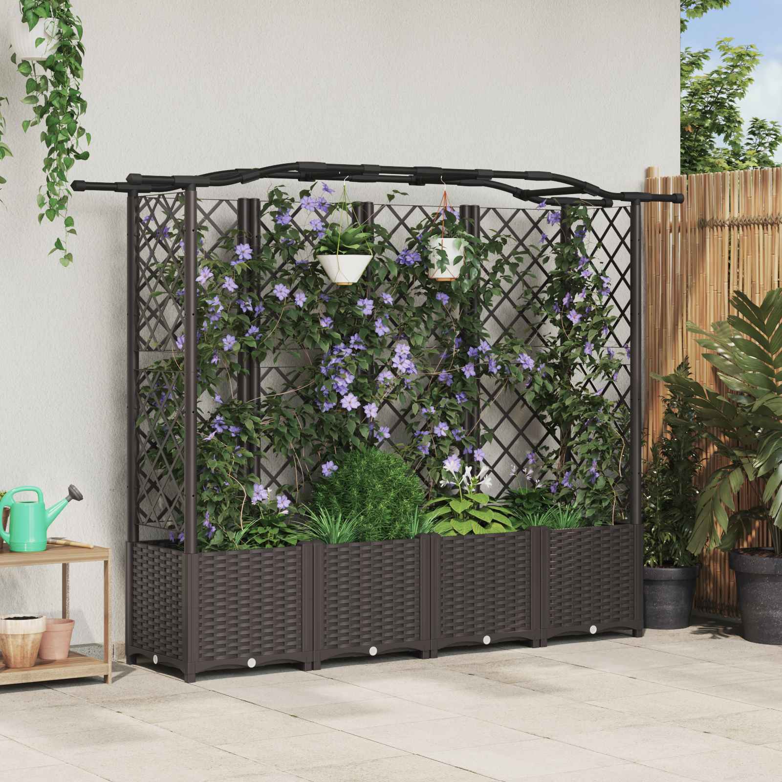 Cama elevada com treliça e telhado castanho 204 x 40 x 138 cm
