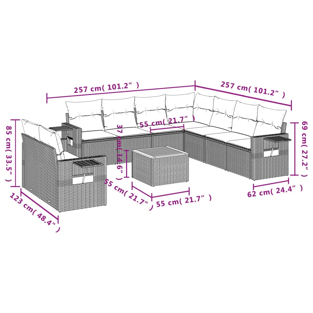 10 Pcs conjunto sofás de jardim c/ almofadões vime PE cinzento