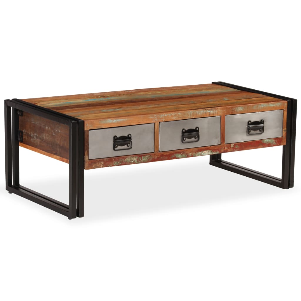 Mesa de centro 3 gavetas madeira recuperada maciça 100x50x35 cm