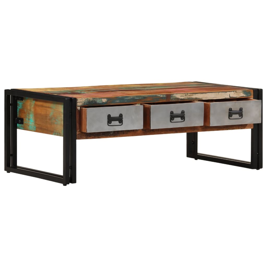 Mesa de centro 3 gavetas madeira recuperada maciça 100x50x35 cm