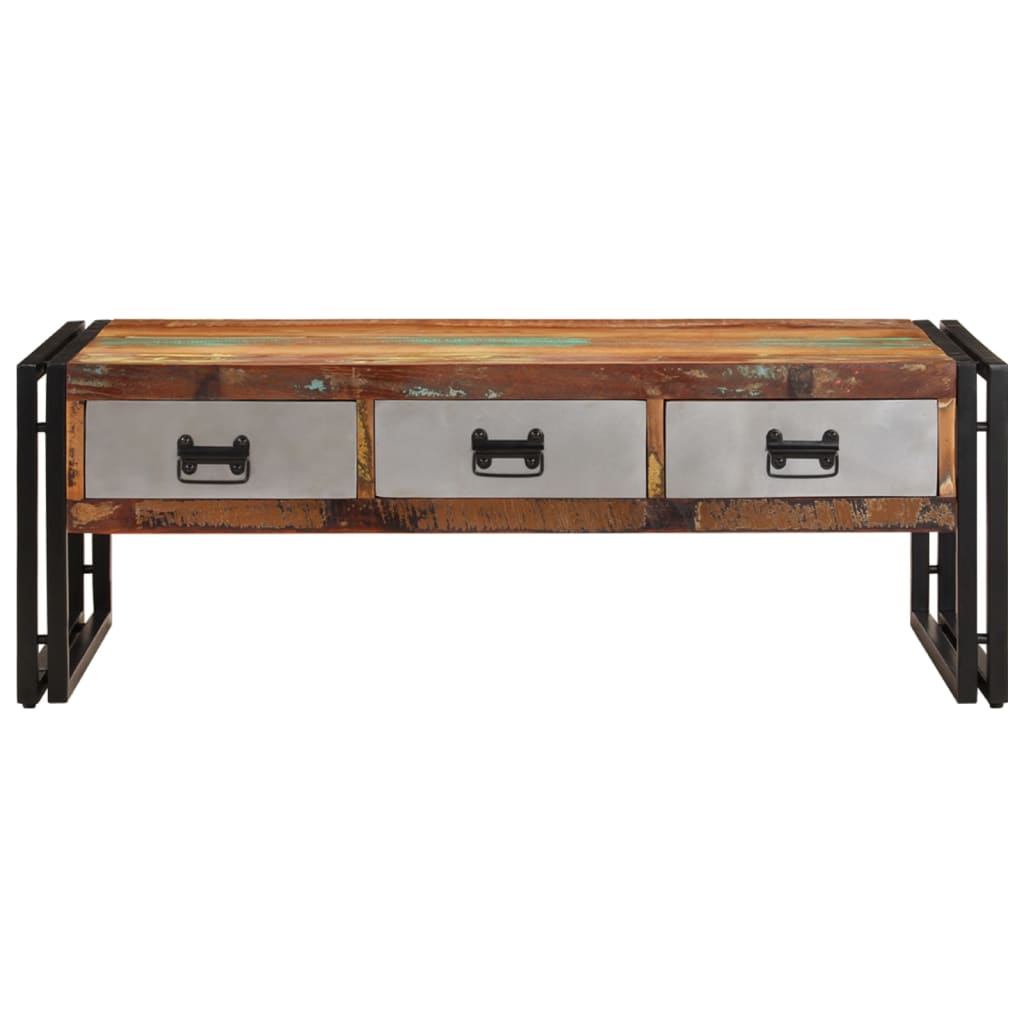 Mesa de centro 3 gavetas madeira recuperada maciça 100x50x35 cm