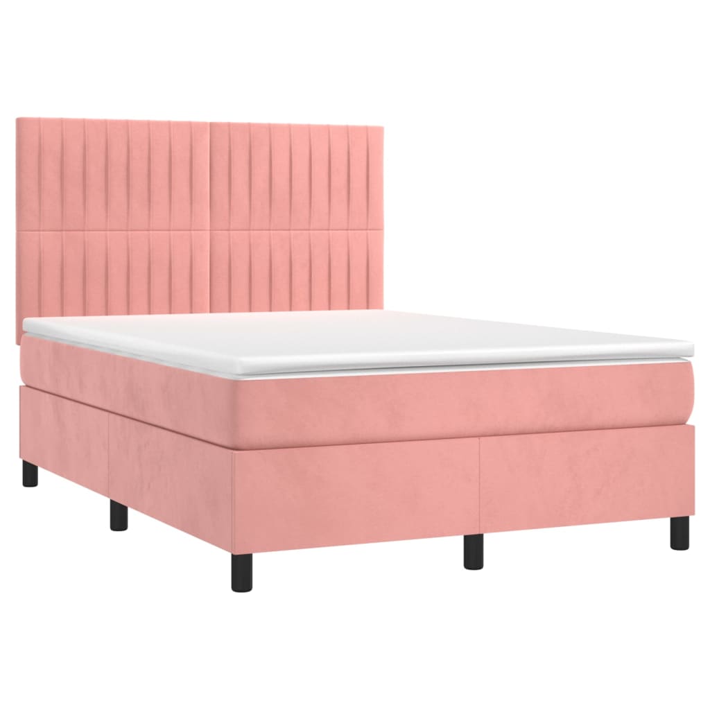 Cama box spring c/ colchão/LED 140x200 cm veludo rosa