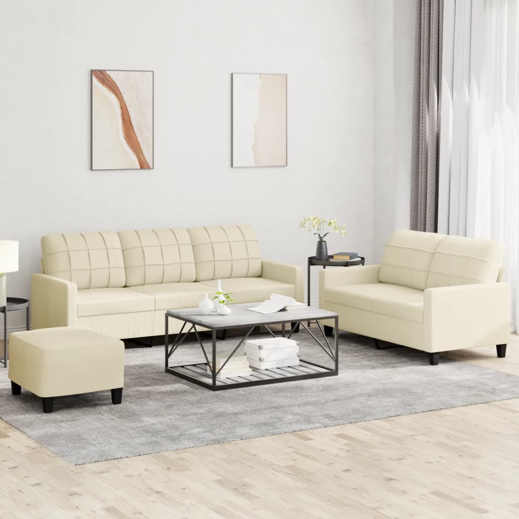3 Pcs conjunto sofás c/ almofadões couro artificial cor creme