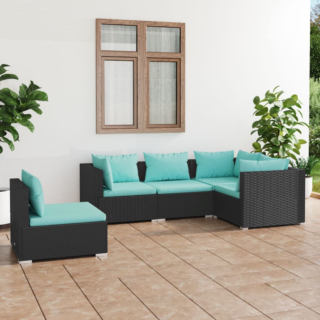 5 Pcs conjunto lounge de jardim c/ almofadões vime PE preto