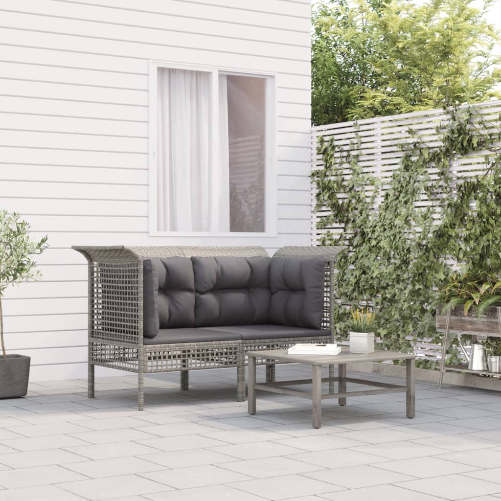 Sofás de canto p/ jardim c/ almofadões 2 pcs vime PE cinzento