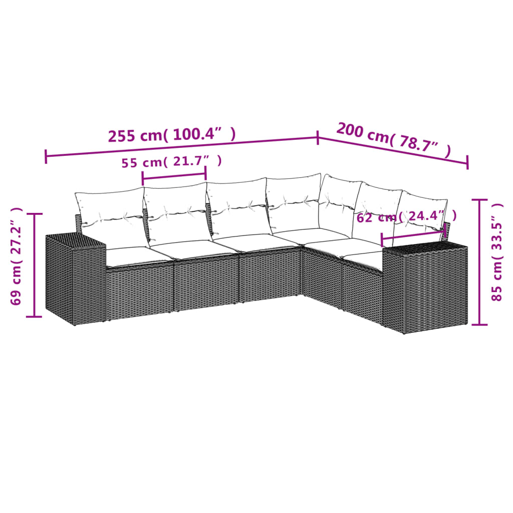 6 Pcs conjunto sofás de jardim c/ almofadões vime PE preto