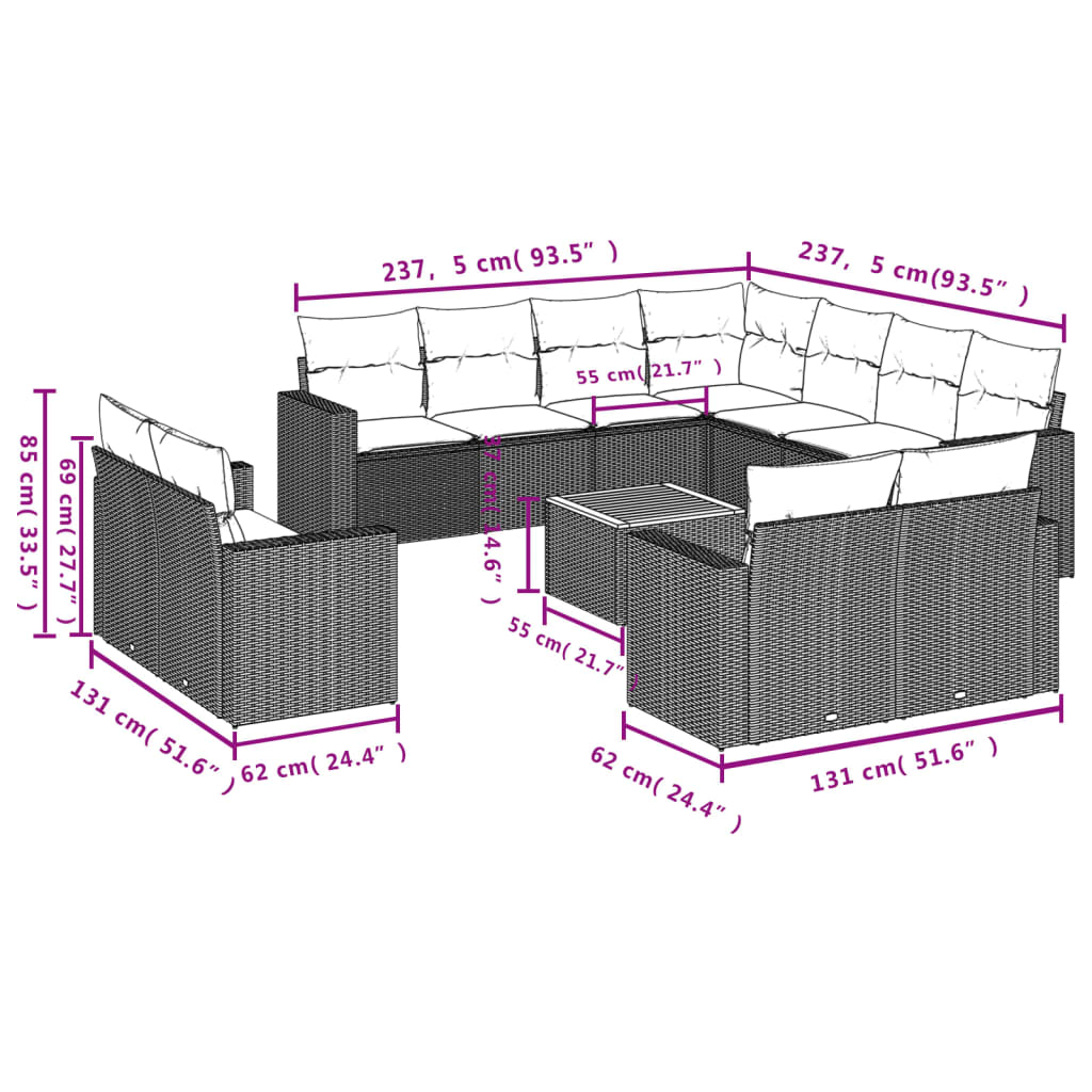 12 Pcs conjunto de sofás p/ jardim com almofadões vime PE bege