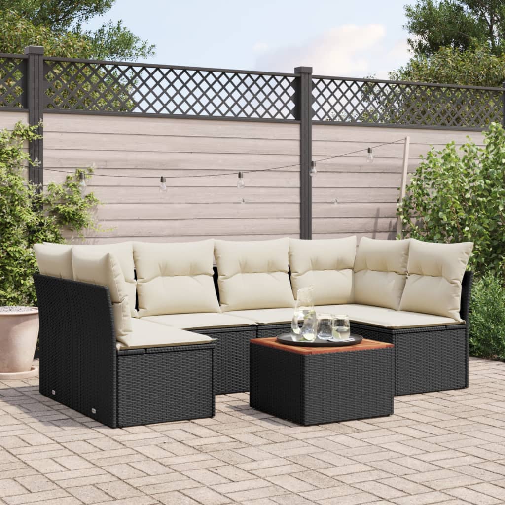7 Pcs conjunto de sofás p/ jardim c/ almofadões vime PE preto