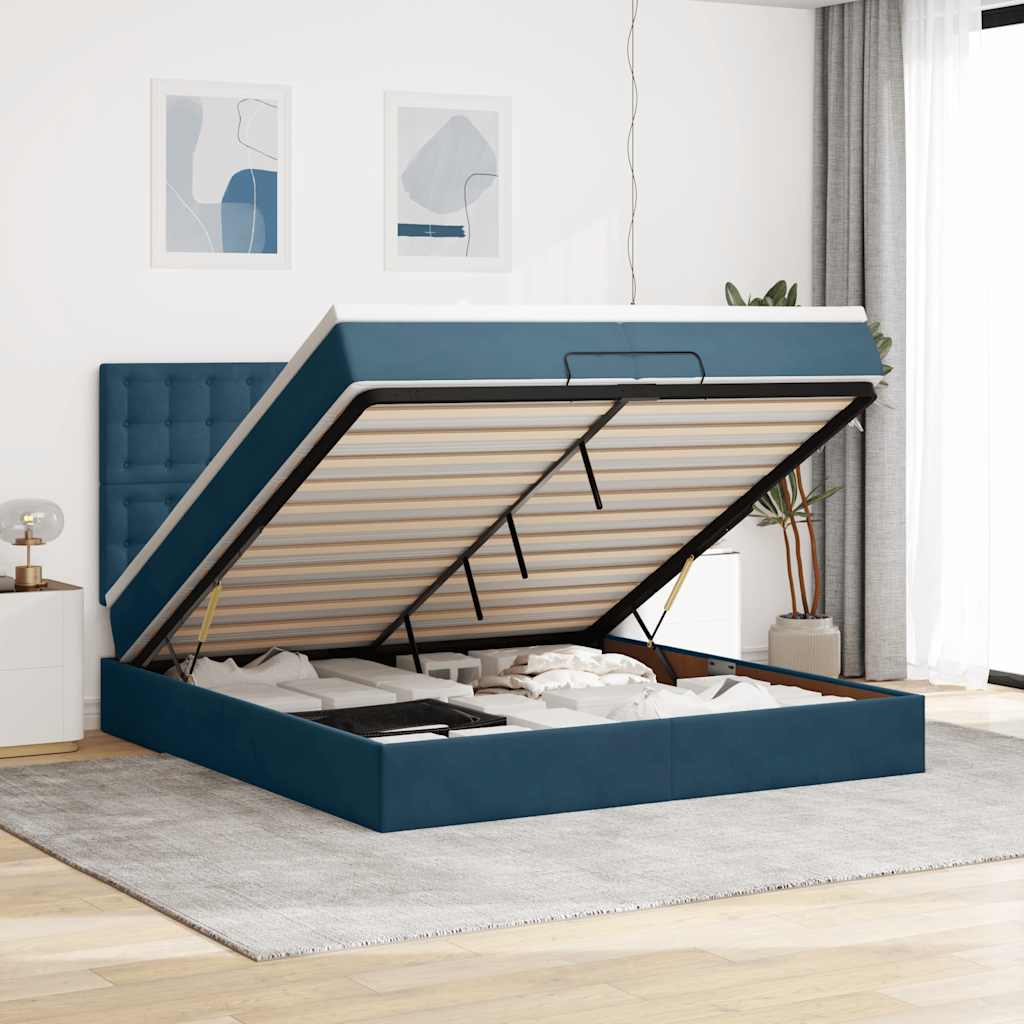 Estrutura de cama otomana com colchão azul escuro veludo