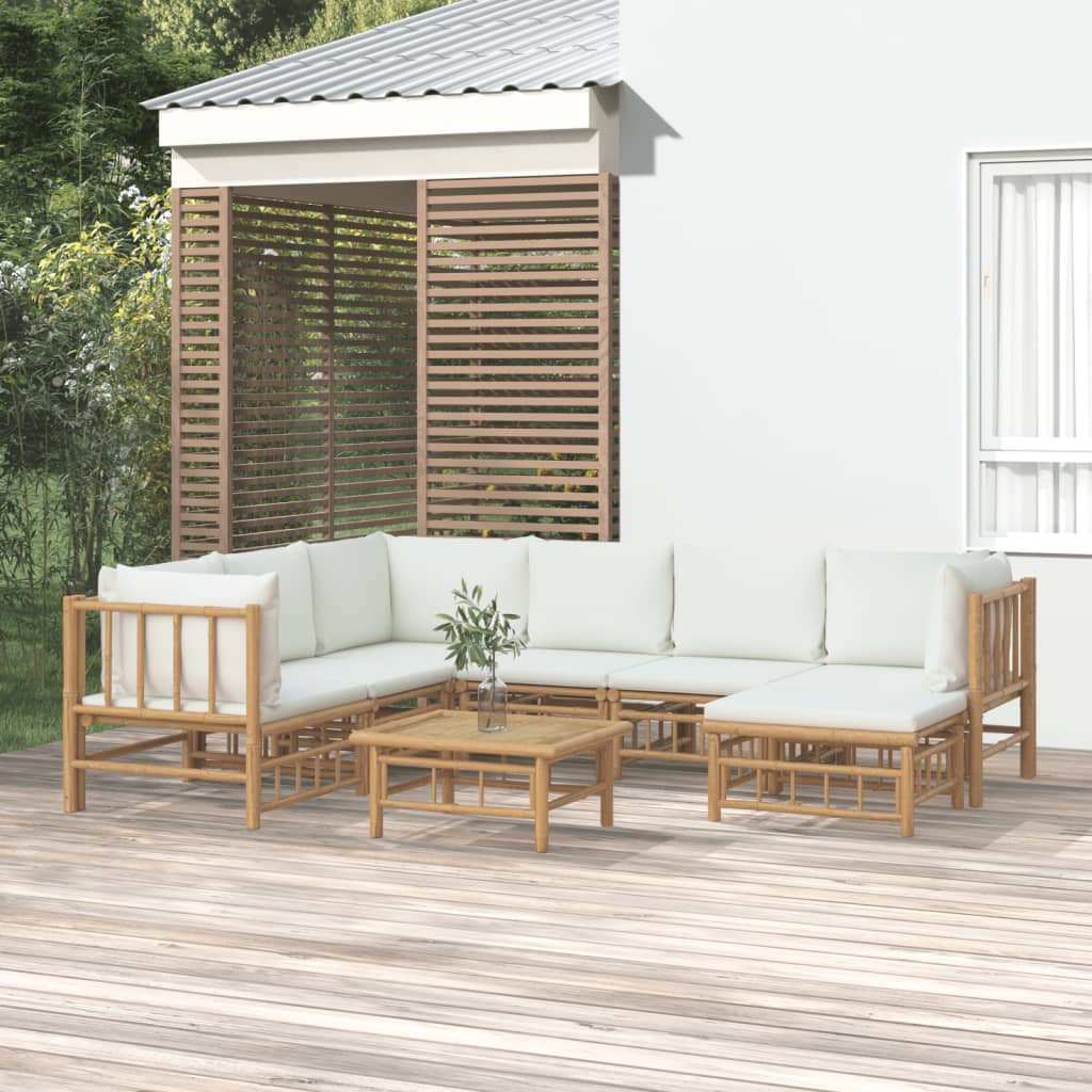 8 Pcs conjunto lounge de jardim bambu c/ almofadões branco nata