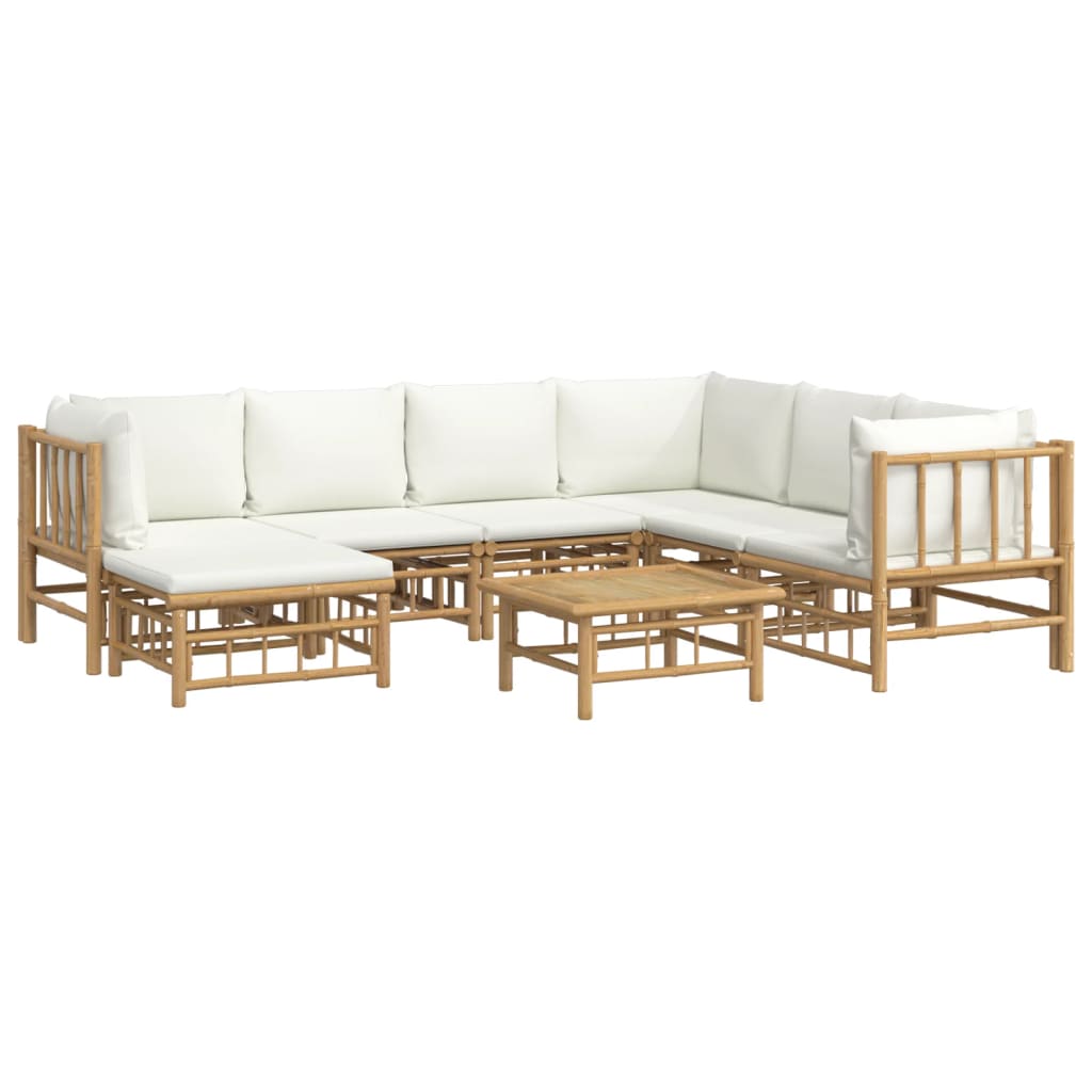 8 Pcs conjunto lounge de jardim bambu c/ almofadões branco nata
