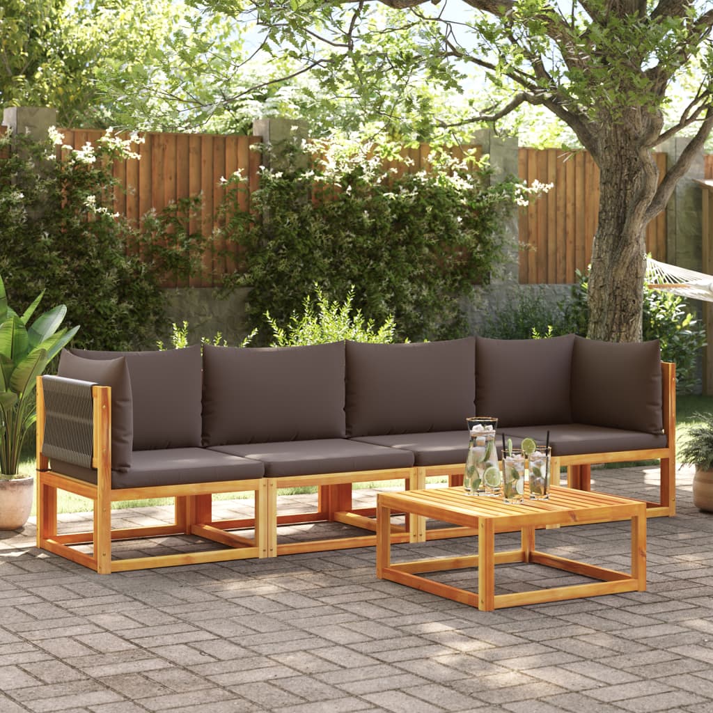 Conjunto de sofás de jardim de 4 peças com almofadas de madeira de acácia e corda