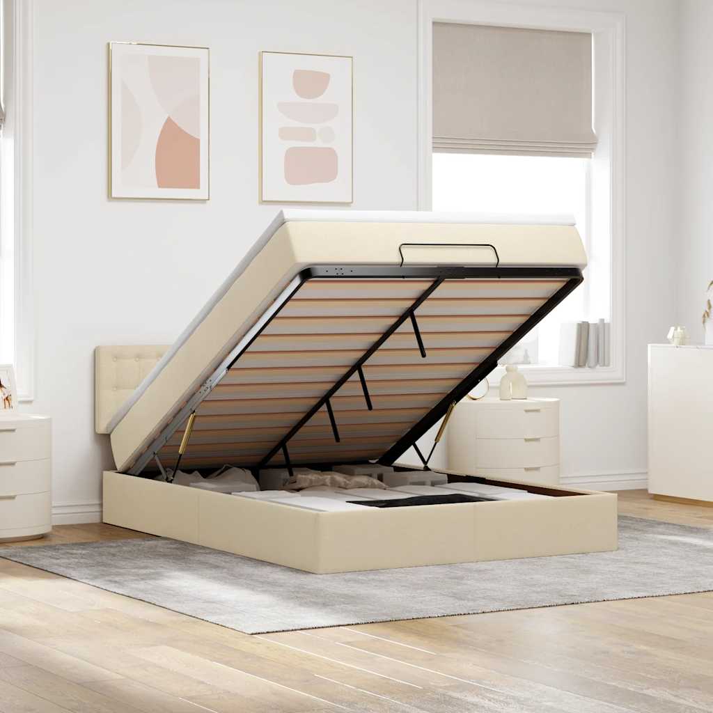 Cama otomana com colchão & leds creme 140x190cm tecido