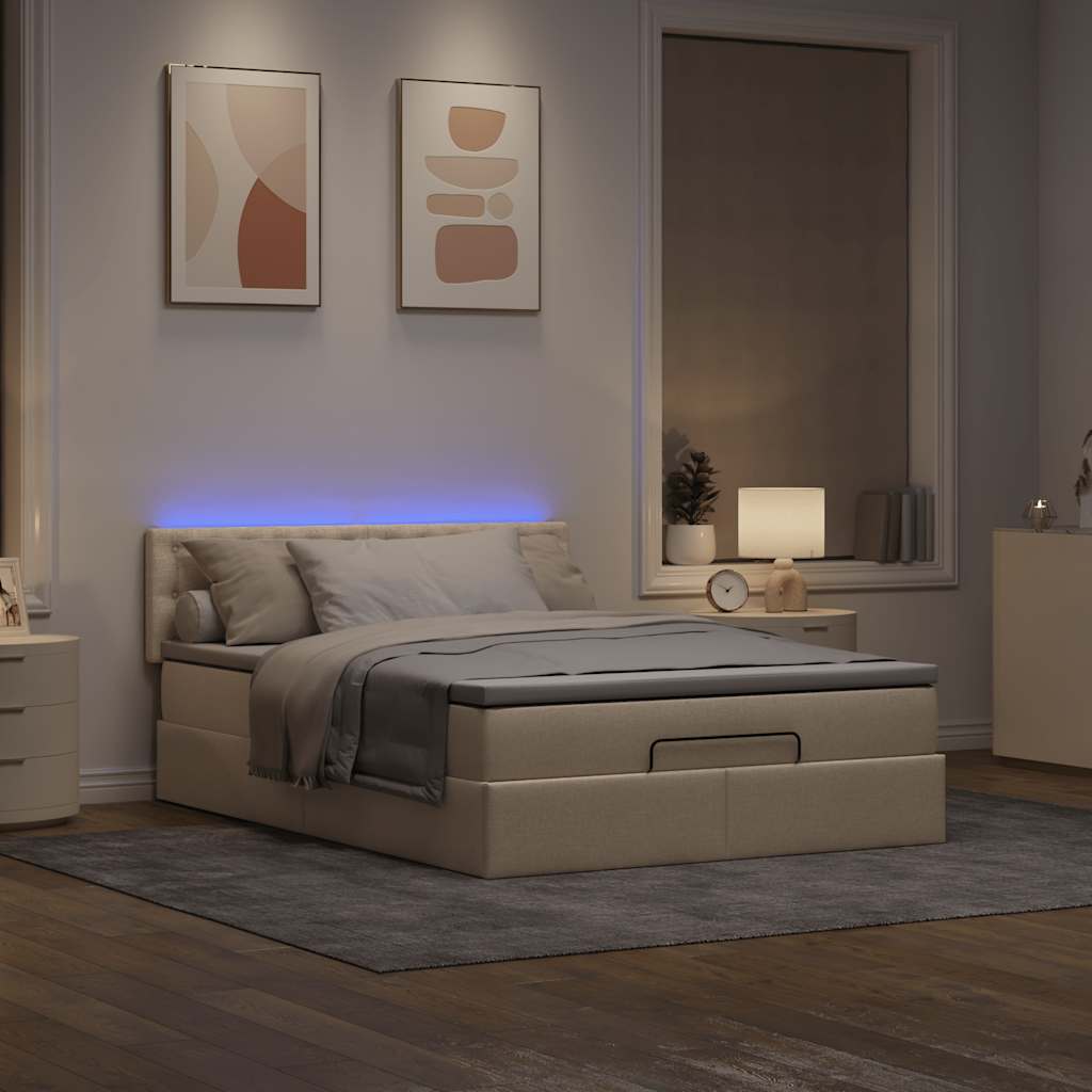 Cama otomana com colchão & leds creme 140x190cm tecido