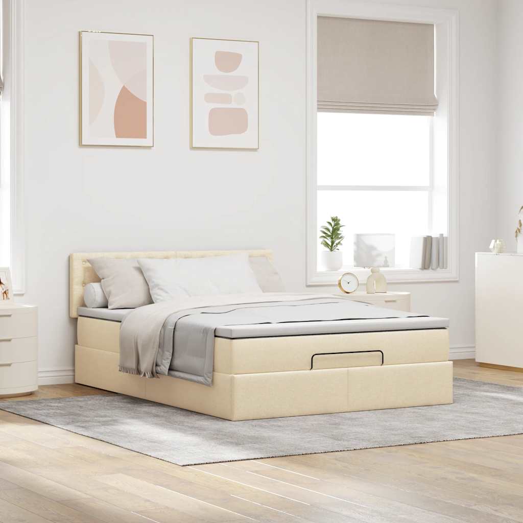 Cama otomana com colchão & leds creme 140x190cm tecido