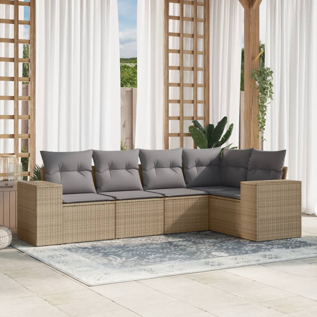 5 Pcs conjunto de sofás p/ jardim com almofadões vime PE bege