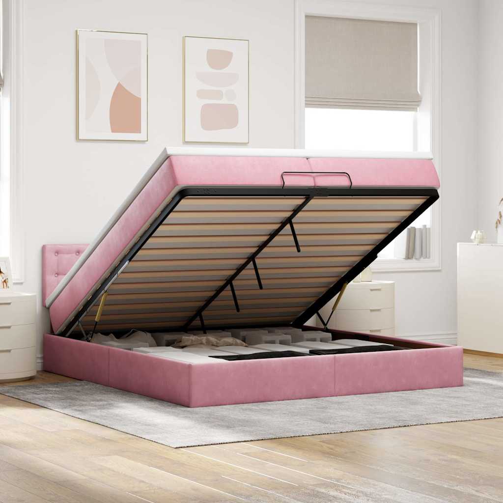 Moldura de cama otomana com colchão rosa 200x200cm veludo