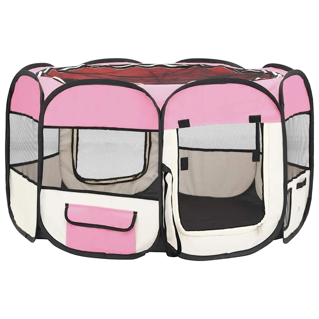 Parque dobrável p/ cão c/ saco de transporte 110x110x58cm rosa