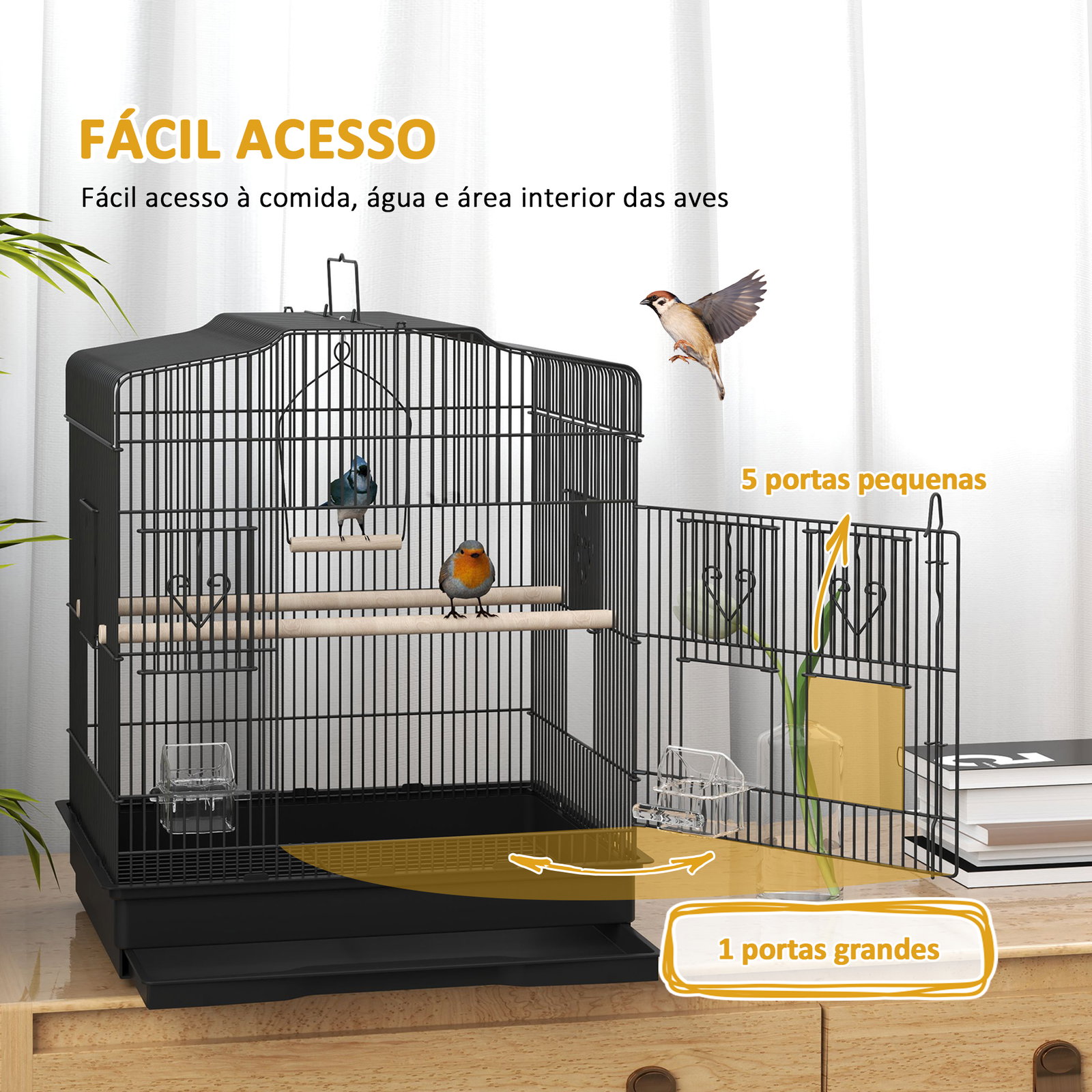 Gaiola para pássaros 46,5x36x59 cm gaiola de metal para pássaros com 2 comedouros 2 poleiros baloiço bandeja amovível preto