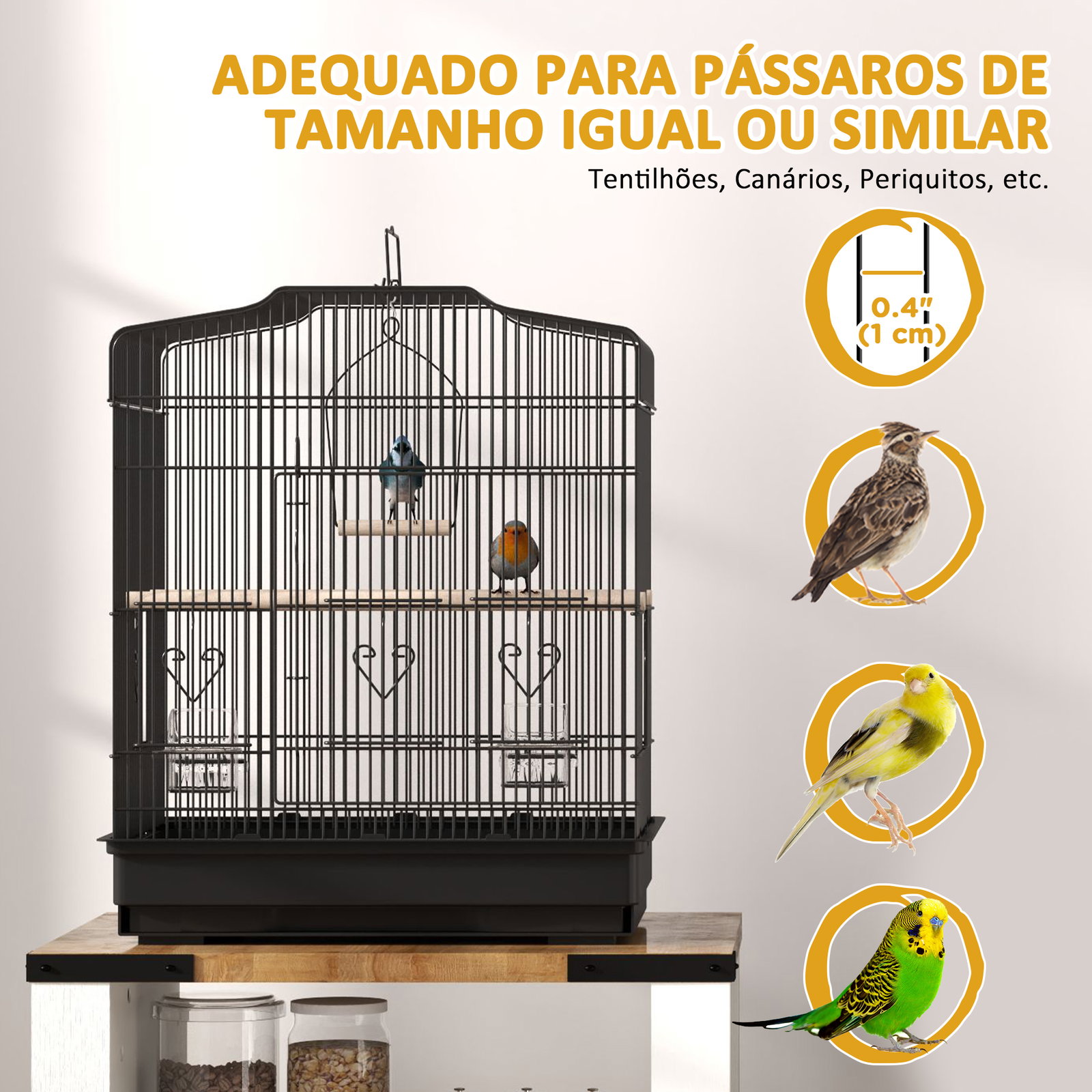 Gaiola para pássaros 46,5x36x59 cm gaiola de metal para pássaros com 2 comedouros 2 poleiros baloiço bandeja amovível preto