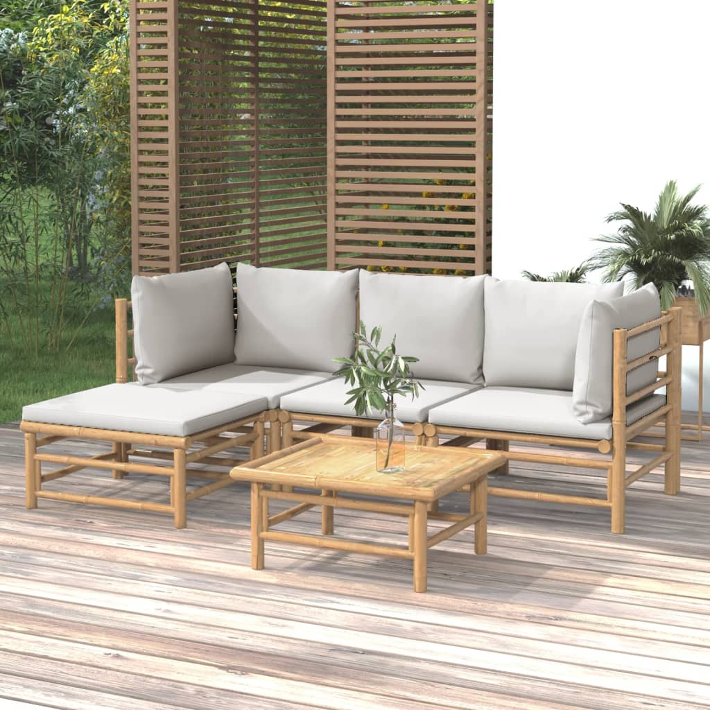 5 Pcs conj. lounge de jardim bambu c/ almofadões cinzento-claro