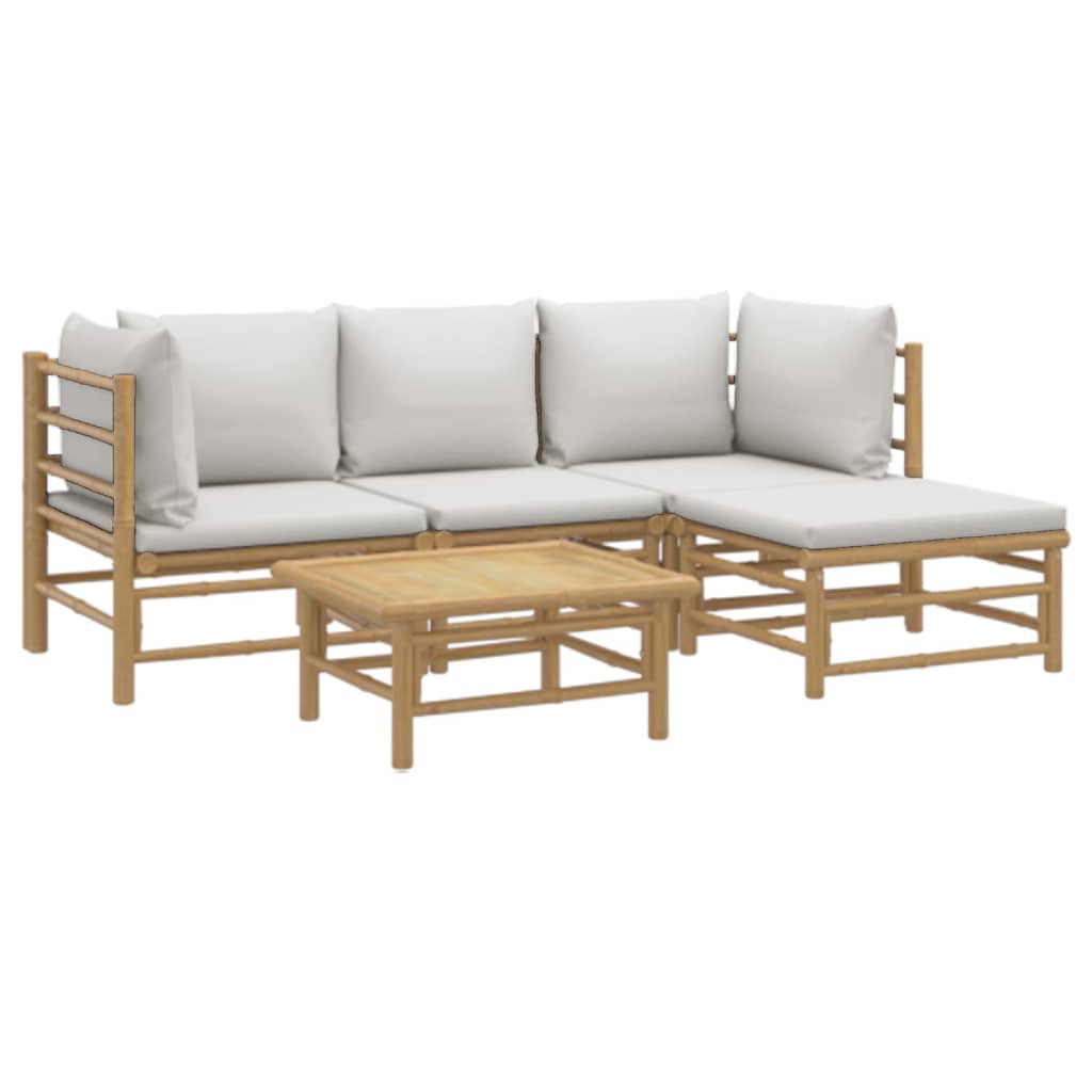 5 Pcs conj. lounge de jardim bambu c/ almofadões cinzento-claro