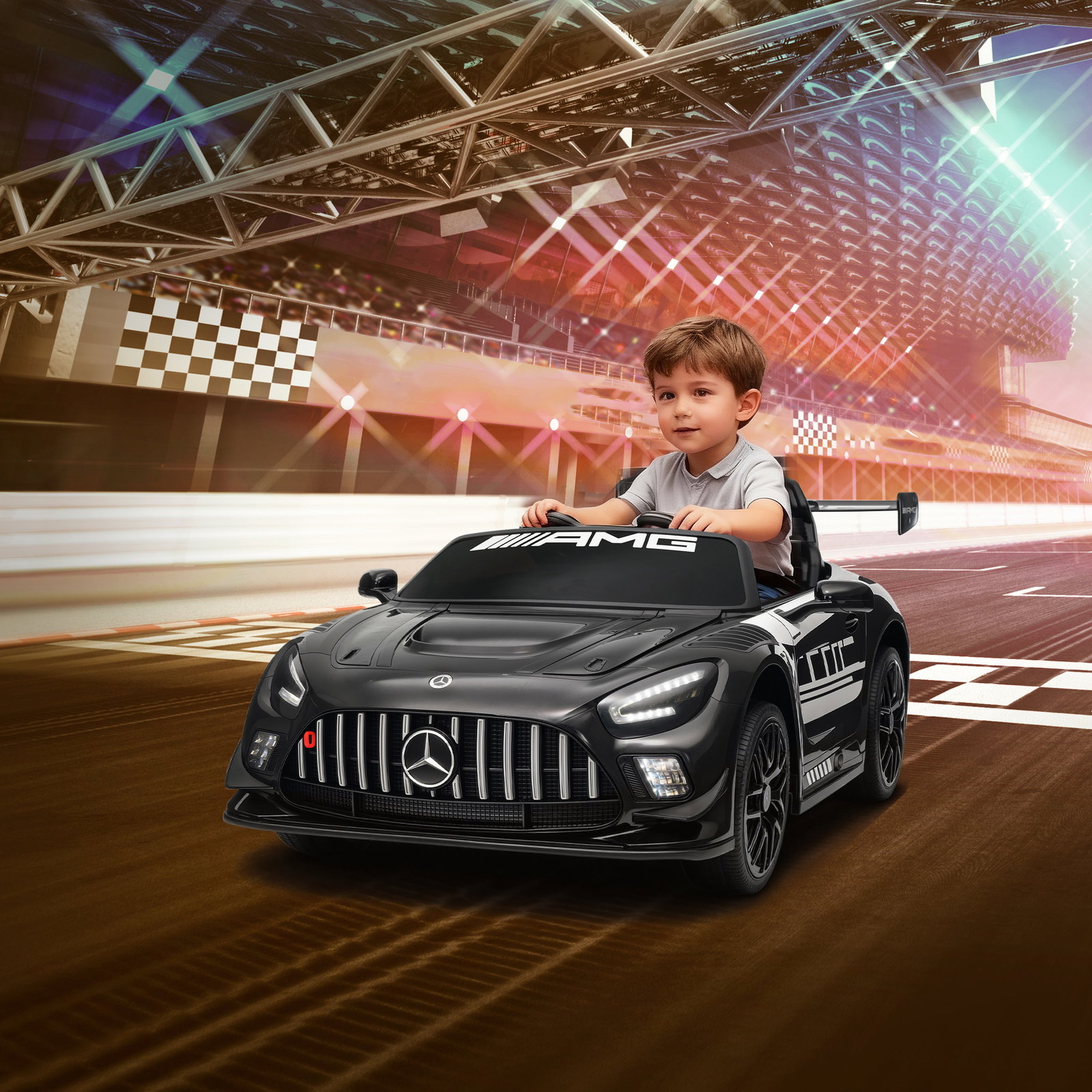 Carro elétrico para crianças mercedes-amg gt3 evo12v com controlo remoto 2,4g e motor duplo 115x66x44 cm preto