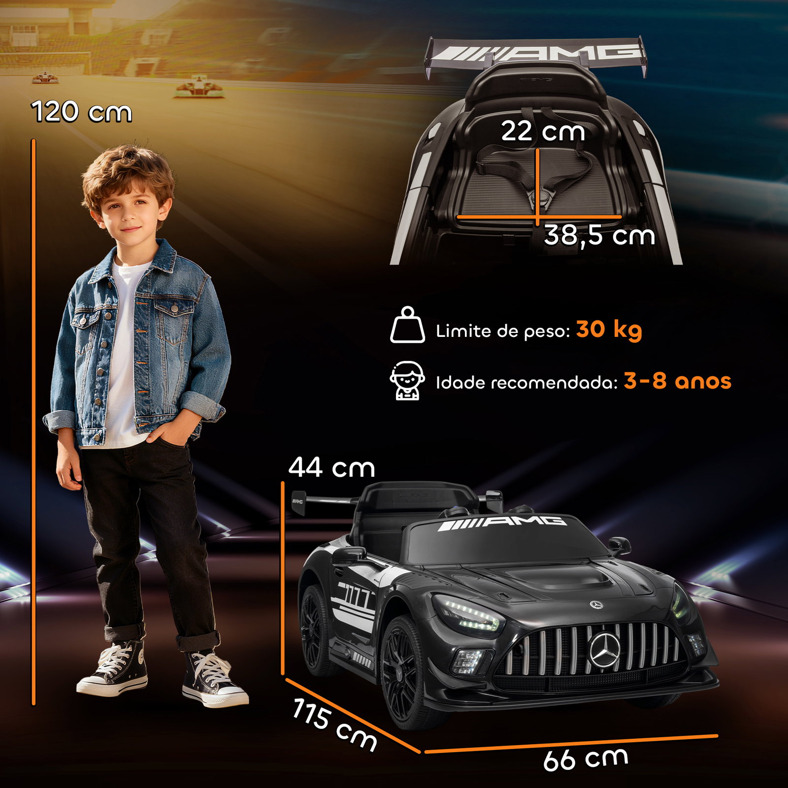 Carro elétrico para crianças mercedes-amg gt3 evo12v com controlo remoto 2,4g e motor duplo 115x66x44 cm preto