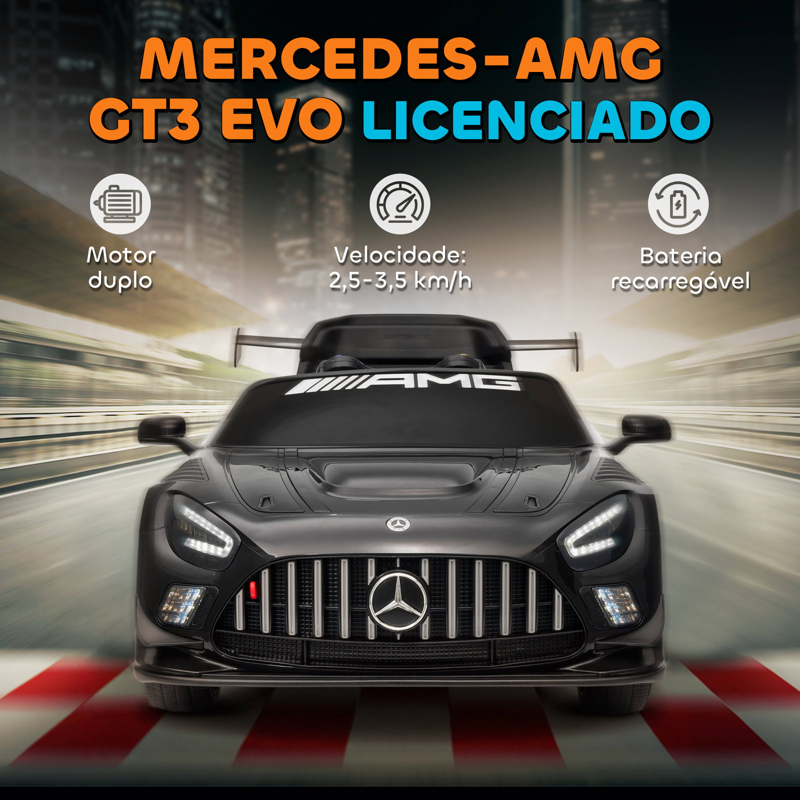 Carro elétrico para crianças mercedes-amg gt3 evo12v com controlo remoto 2,4g e motor duplo 115x66x44 cm preto
