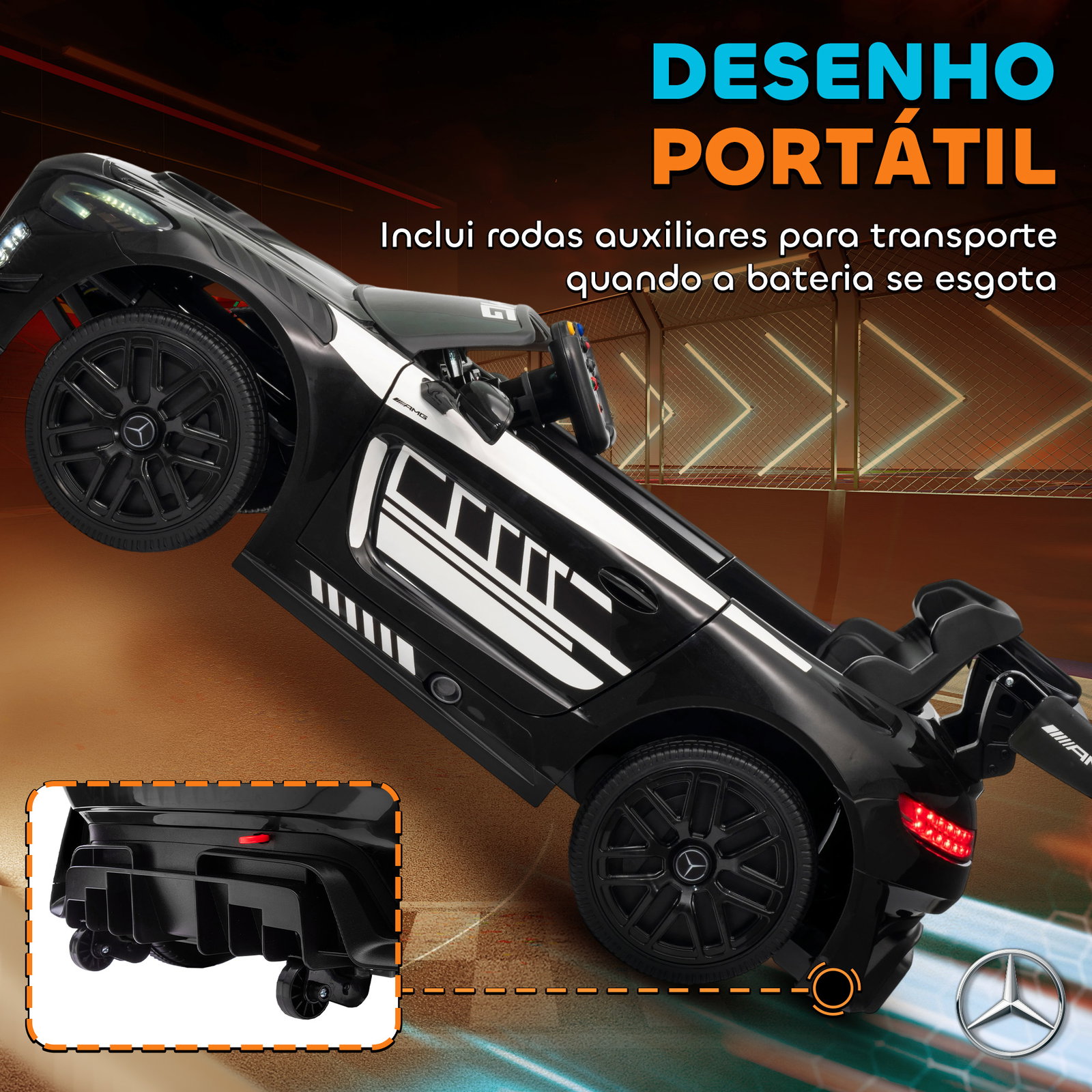 Carro elétrico para crianças mercedes-amg gt3 evo12v com controlo remoto 2,4g e motor duplo 115x66x44 cm preto