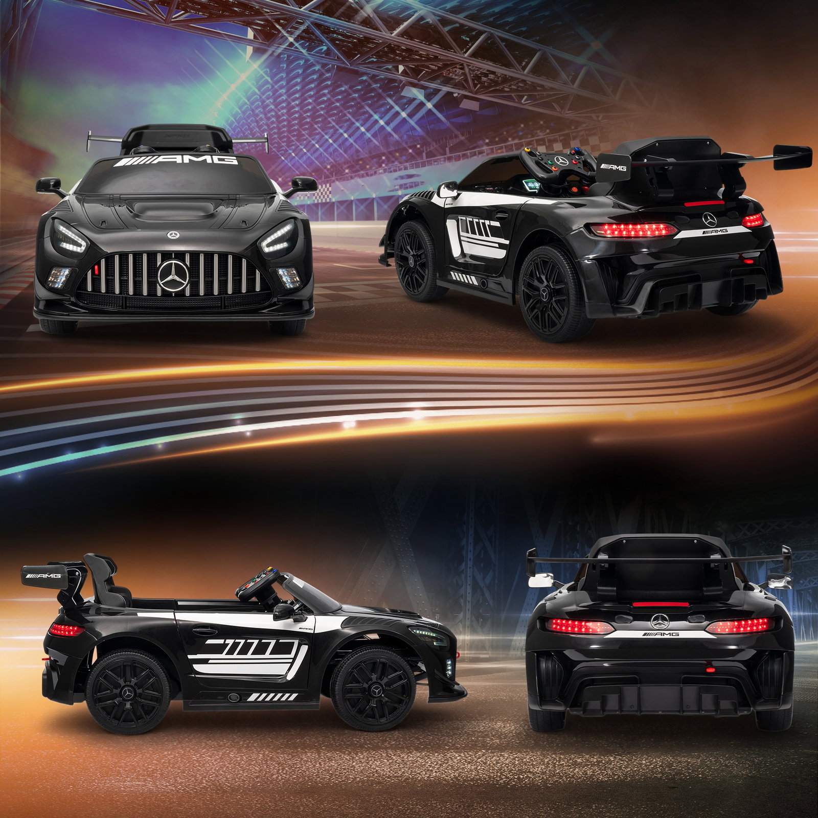 Carro elétrico para crianças mercedes-amg gt3 evo12v com controlo remoto 2,4g e motor duplo 115x66x44 cm preto