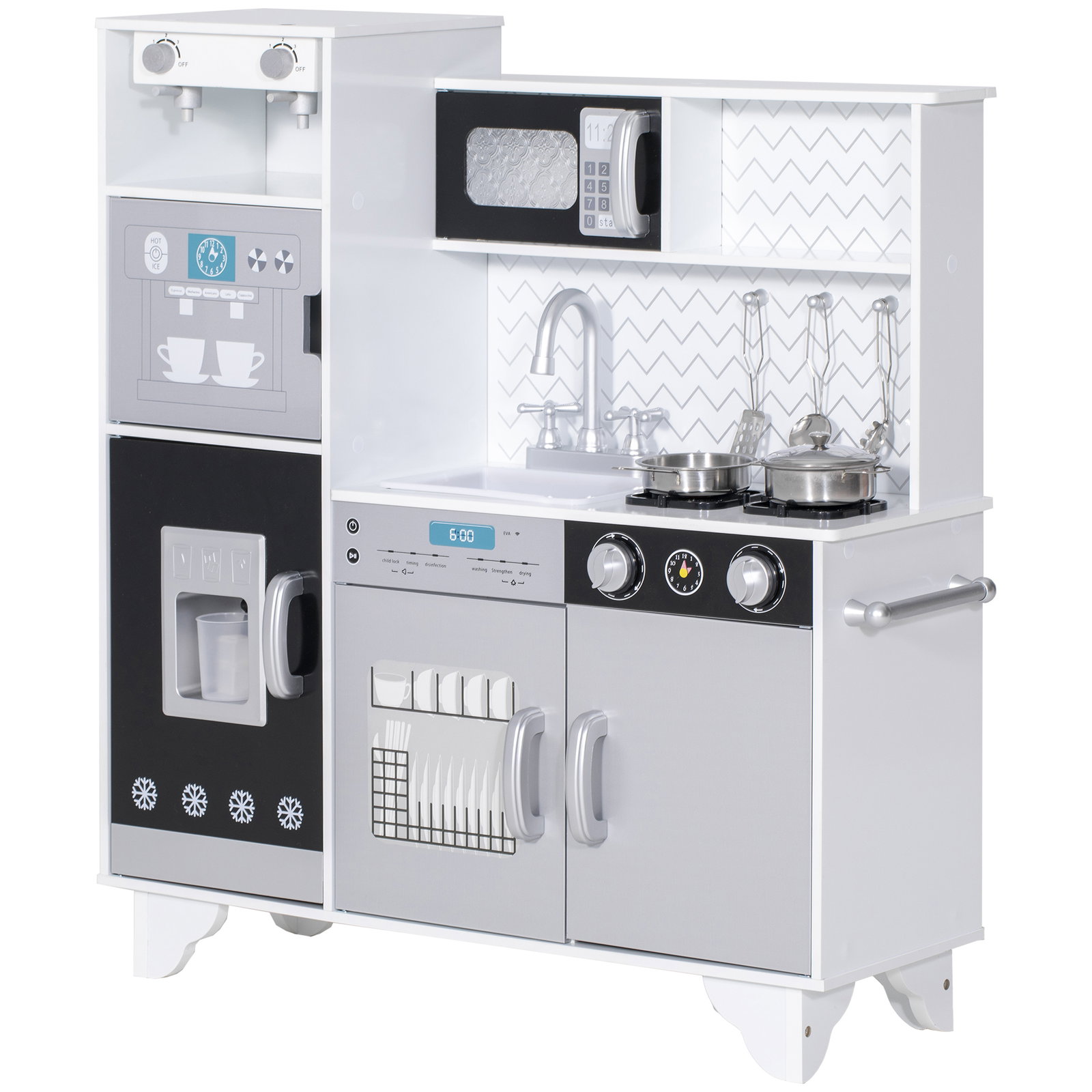 Cozinha de madeira com som acessórios em aço inoxidável micro-ondas, máquina de gelo cafeteira, máquina de lavar loiça 79,5x24x83,8 cm branco