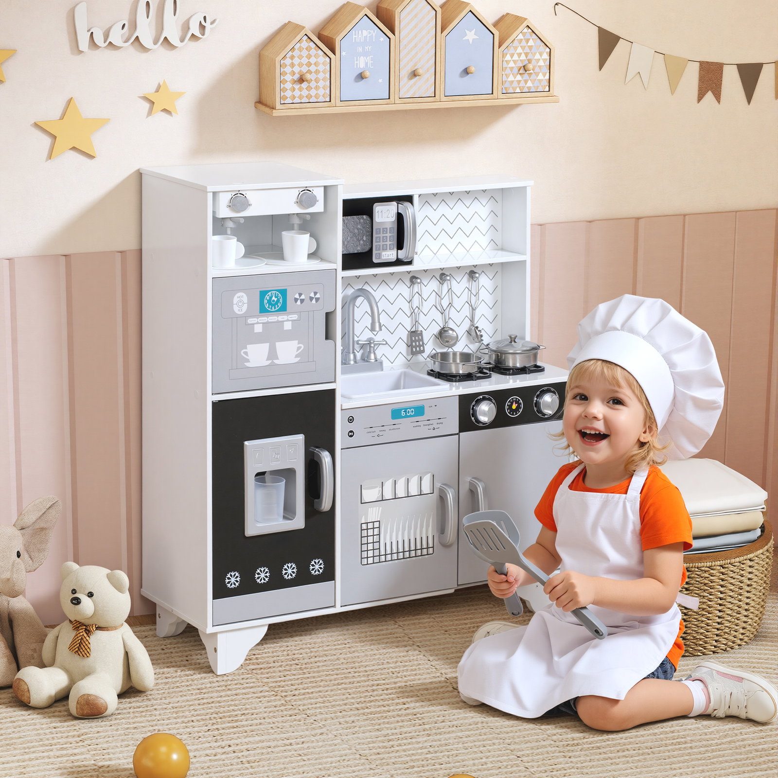 Cozinha de madeira com som acessórios em aço inoxidável micro-ondas, máquina de gelo cafeteira, máquina de lavar loiça 79,5x24x83,8 cm branco