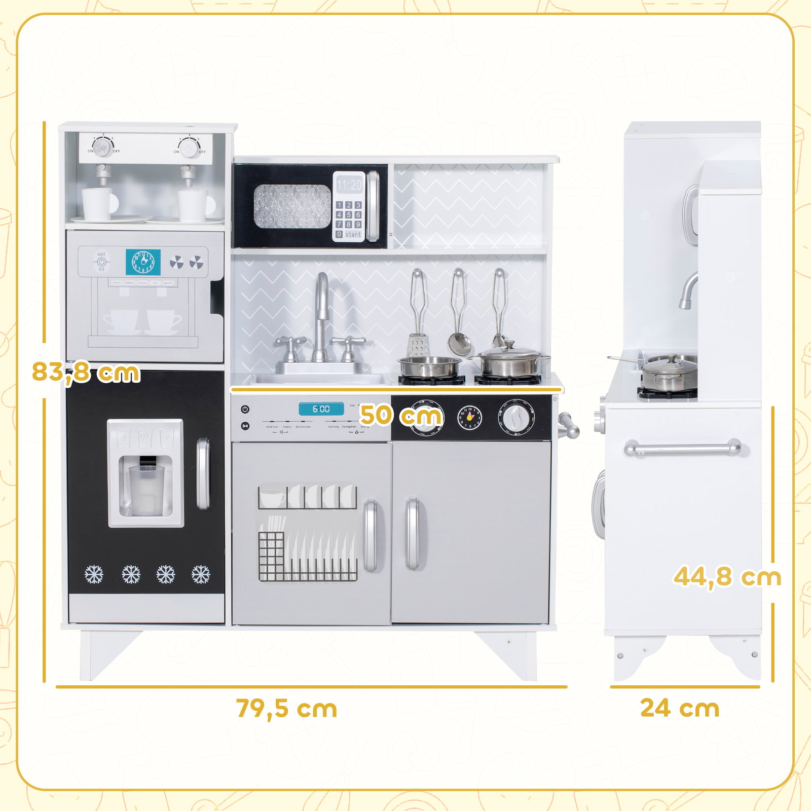 Cozinha de madeira com som acessórios em aço inoxidável micro-ondas, máquina de gelo cafeteira, máquina de lavar loiça 79,5x24x83,8 cm branco