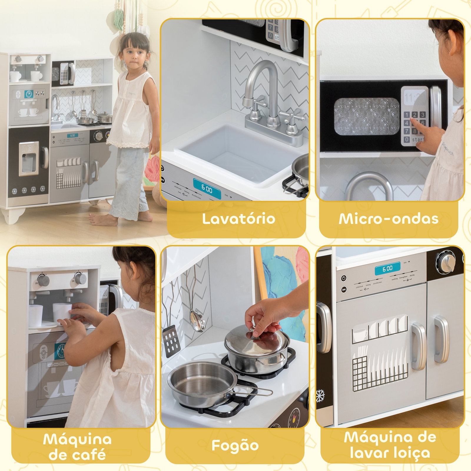 Cozinha de madeira com som acessórios em aço inoxidável micro-ondas, máquina de gelo cafeteira, máquina de lavar loiça 79,5x24x83,8 cm branco