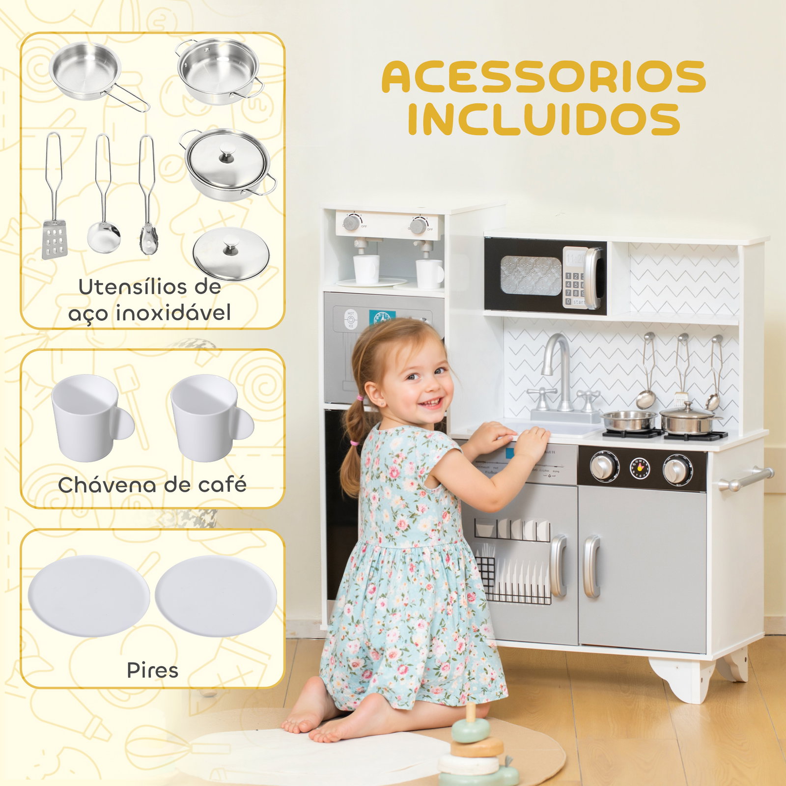 Cozinha de madeira com som acessórios em aço inoxidável micro-ondas, máquina de gelo cafeteira, máquina de lavar loiça 79,5x24x83,8 cm branco
