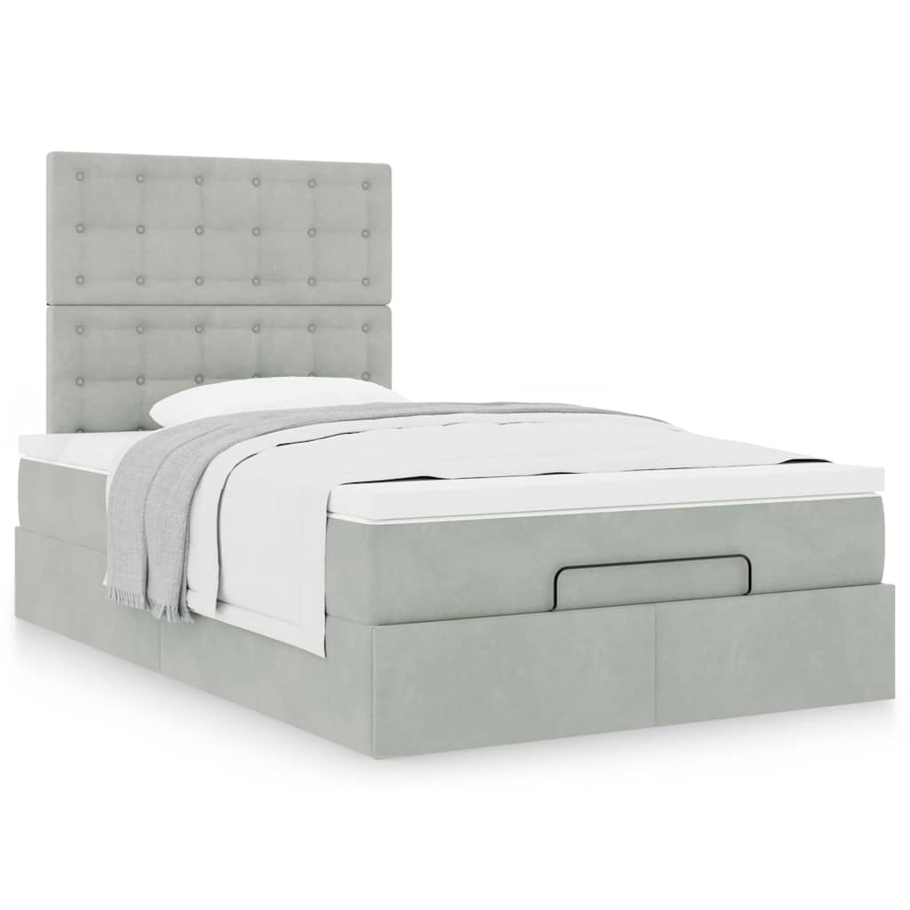 Estrutura de cama otomana com colchões cinza claro veludo