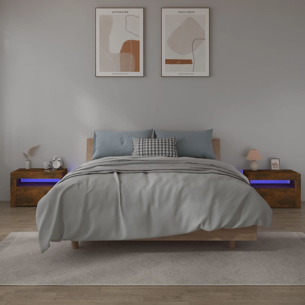 Mesas cabeceira c/ leds 2 pcs 60x35x40 cm carvalho fumado