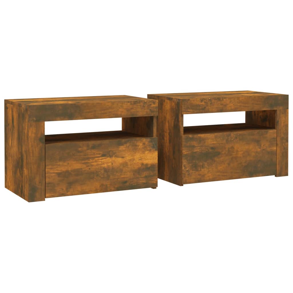Mesas cabeceira c/ leds 2 pcs 60x35x40 cm carvalho fumado