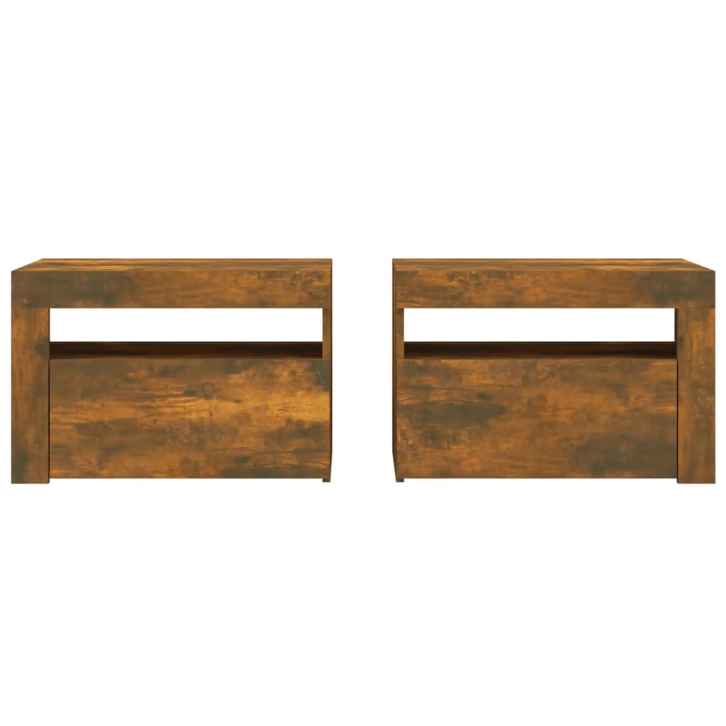Mesas cabeceira c/ leds 2 pcs 60x35x40 cm carvalho fumado