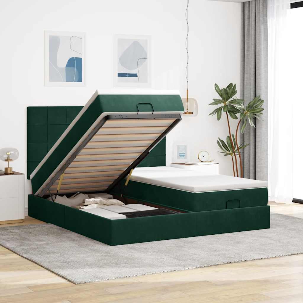 Estrutura de cama otomana com colchão verde escuro veludo