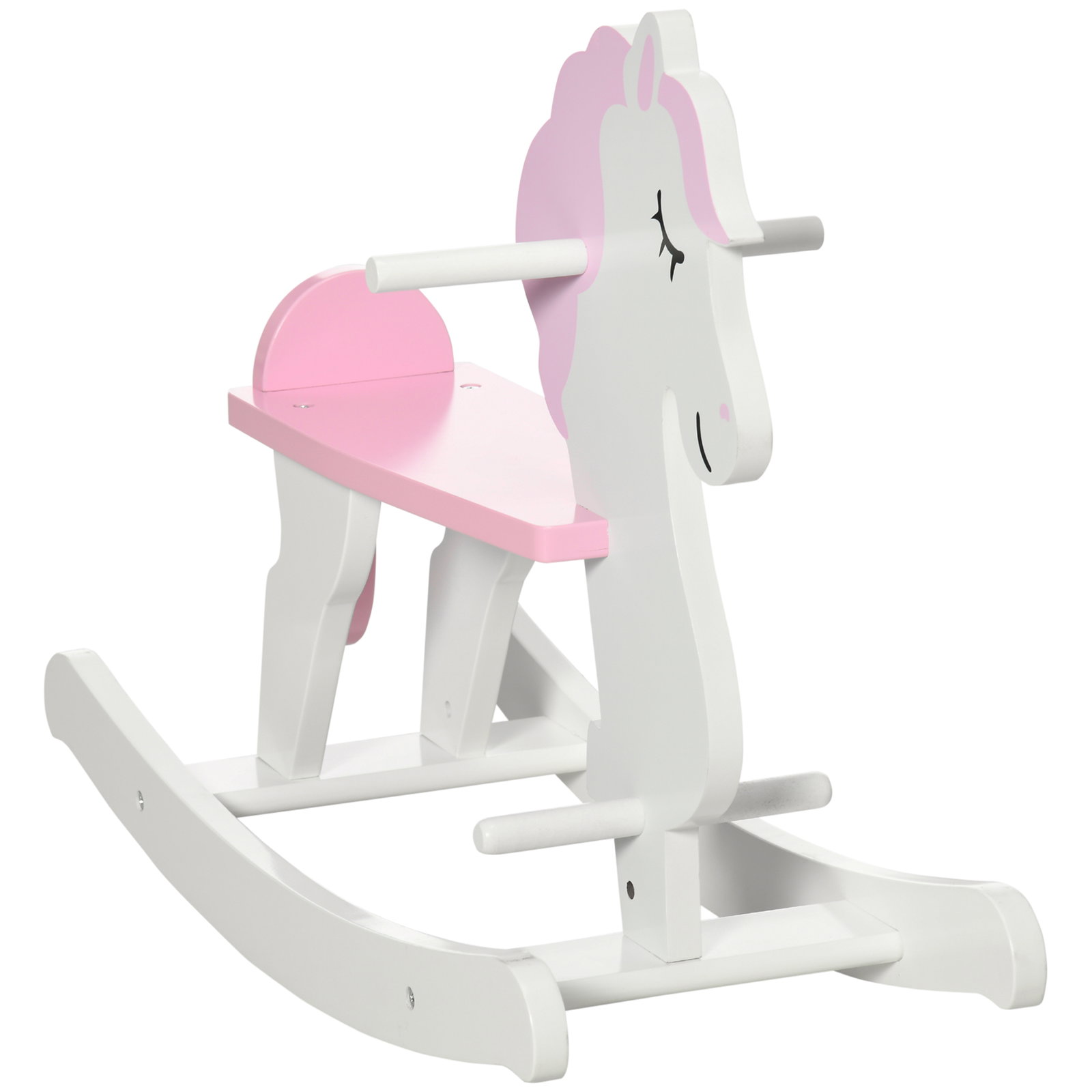 Cavalo baloiço para crianças de 1-3 anos cavalo baloiço de madeira com guiador e apoio para os pés 68x27x46,5cm branco e rosa