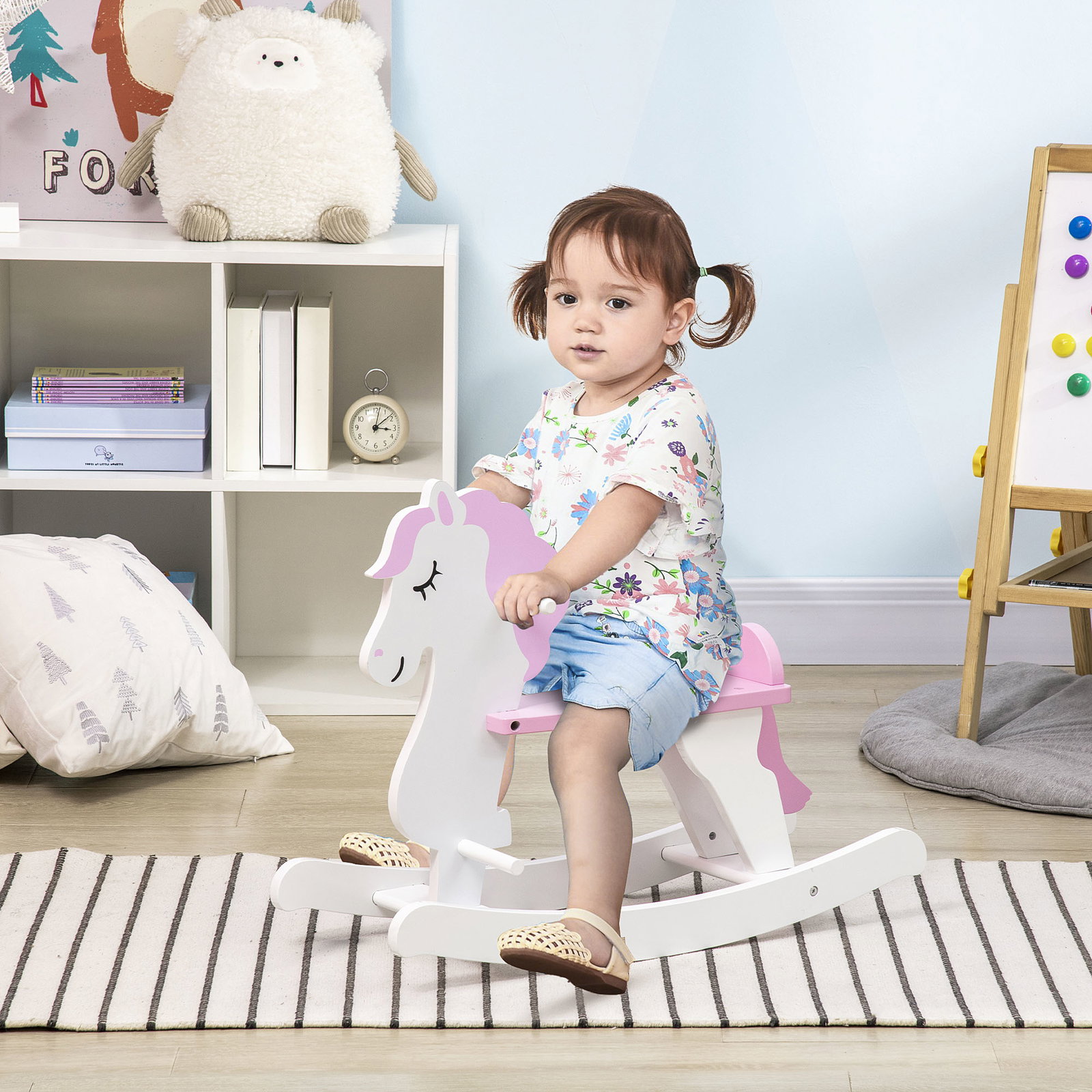 Cavalo baloiço para crianças de 1-3 anos cavalo baloiço de madeira com guiador e apoio para os pés 68x27x46,5cm branco e rosa