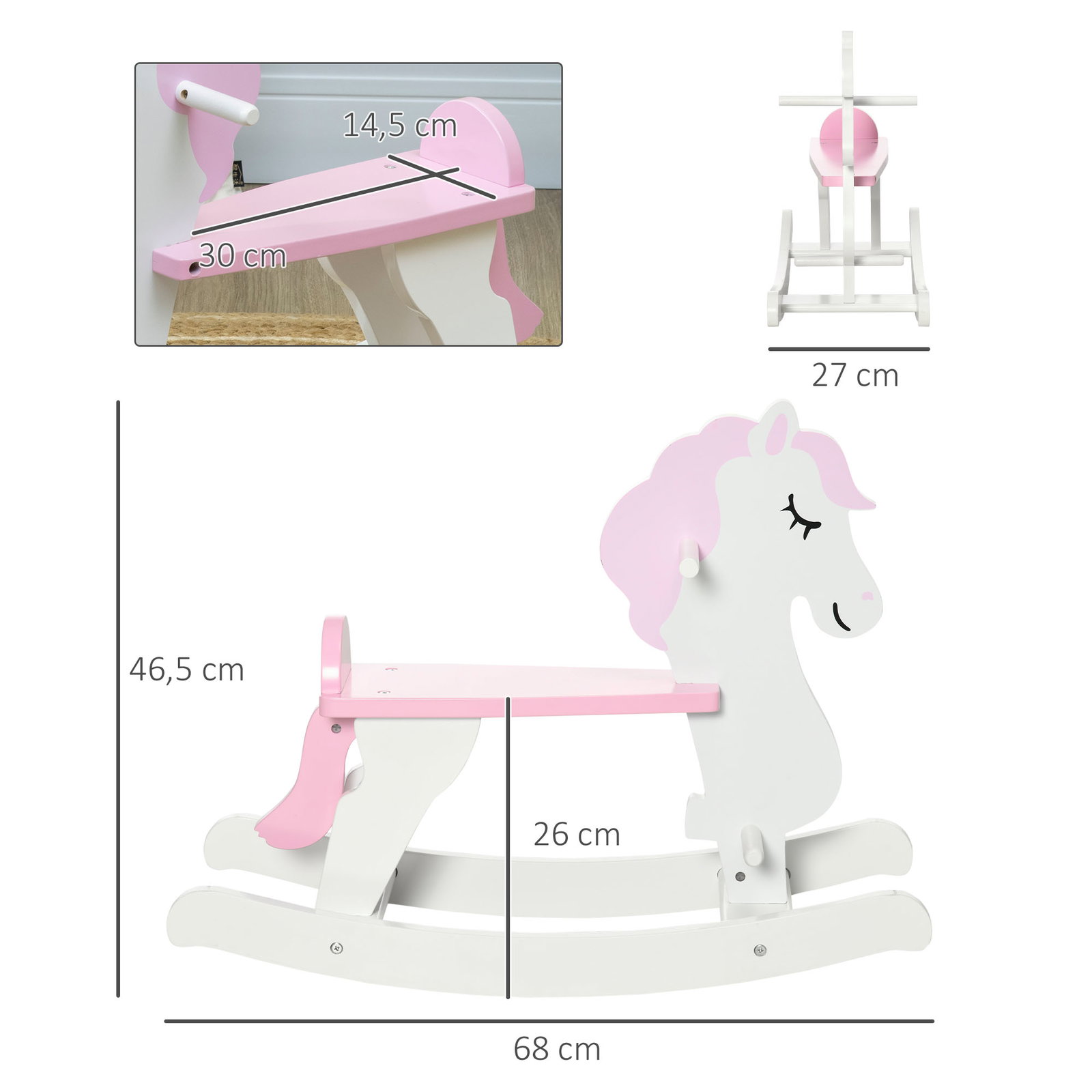 Cavalo baloiço para crianças de 1-3 anos cavalo baloiço de madeira com guiador e apoio para os pés 68x27x46,5cm branco e rosa