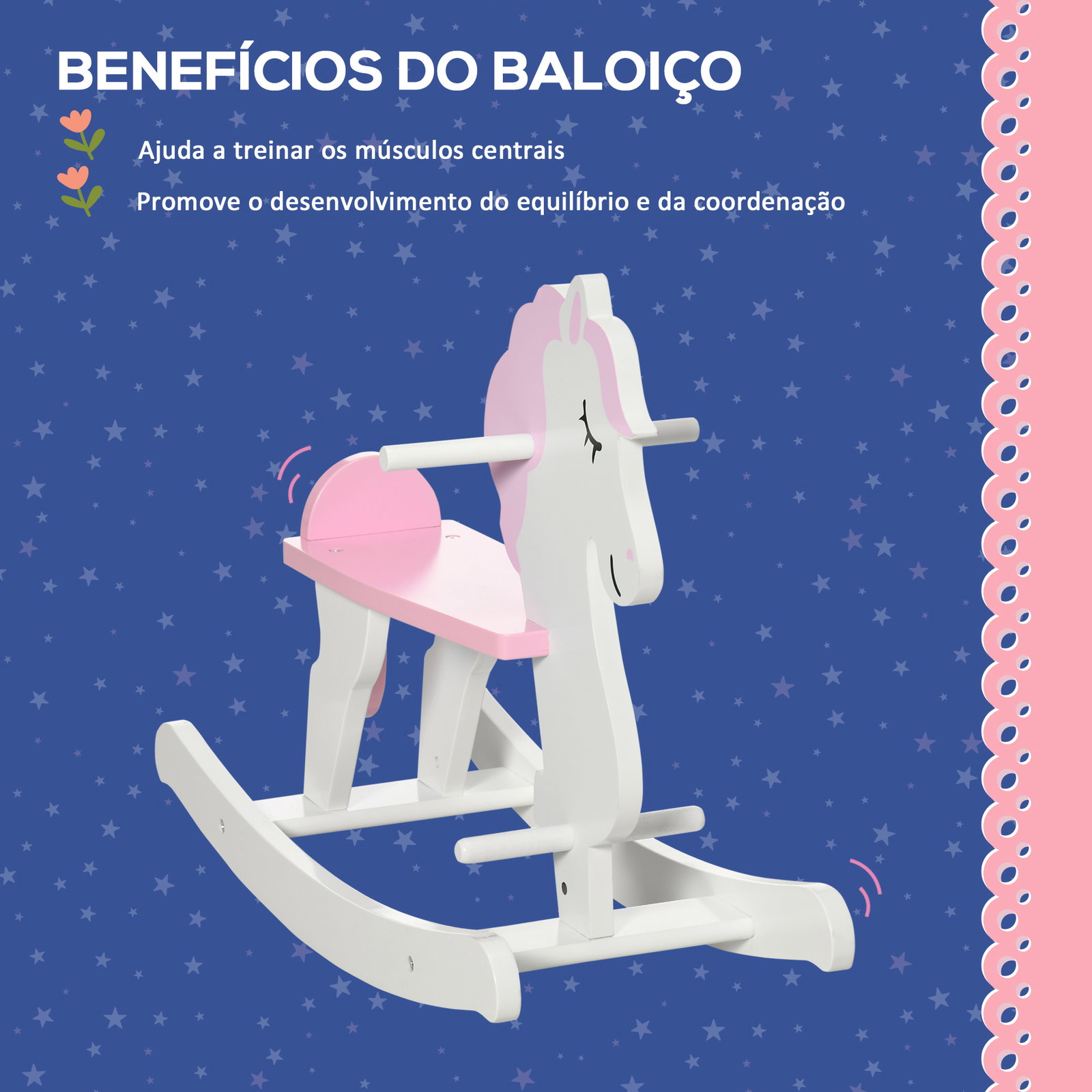 Cavalo baloiço para crianças de 1-3 anos cavalo baloiço de madeira com guiador e apoio para os pés 68x27x46,5cm branco e rosa