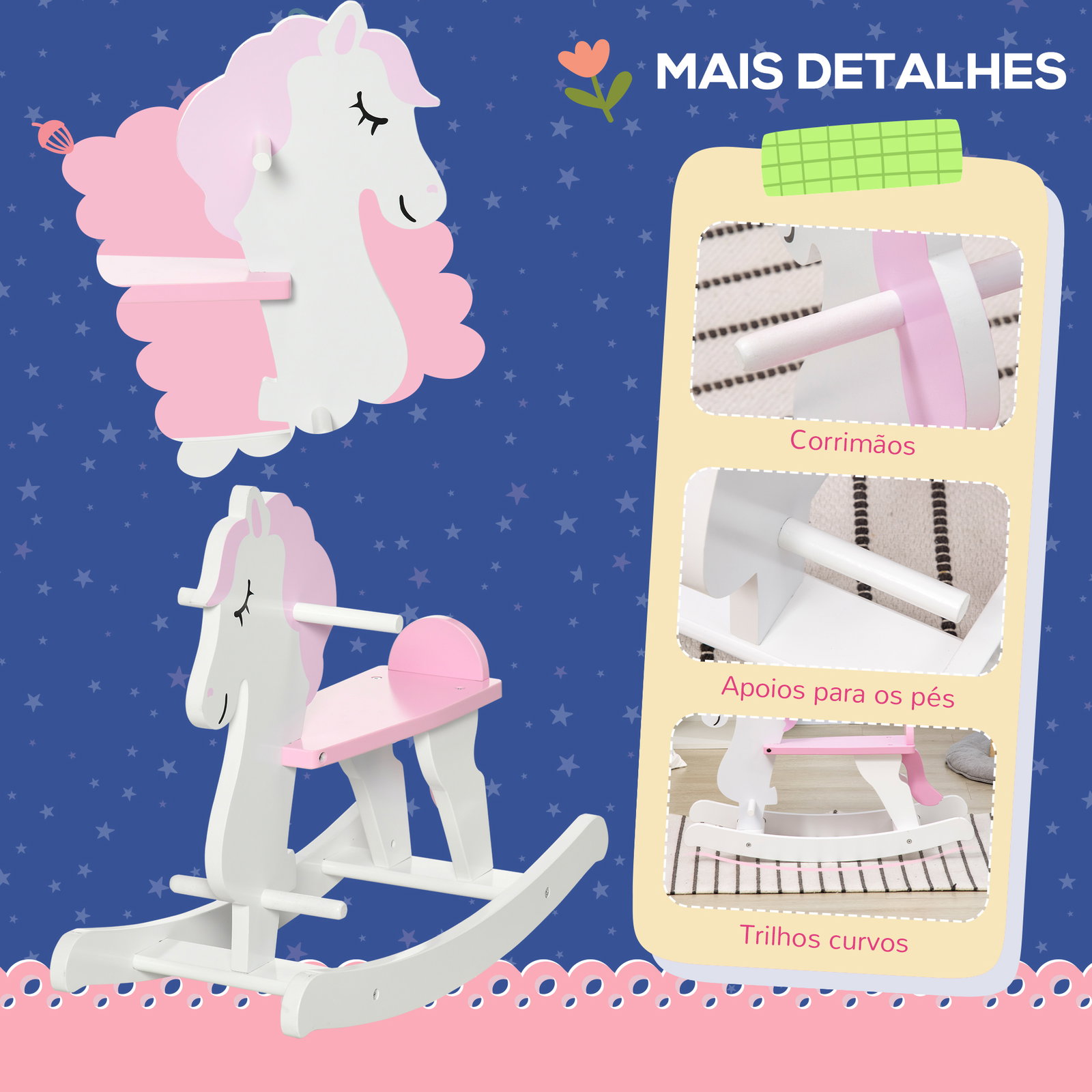 Cavalo baloiço para crianças de 1-3 anos cavalo baloiço de madeira com guiador e apoio para os pés 68x27x46,5cm branco e rosa